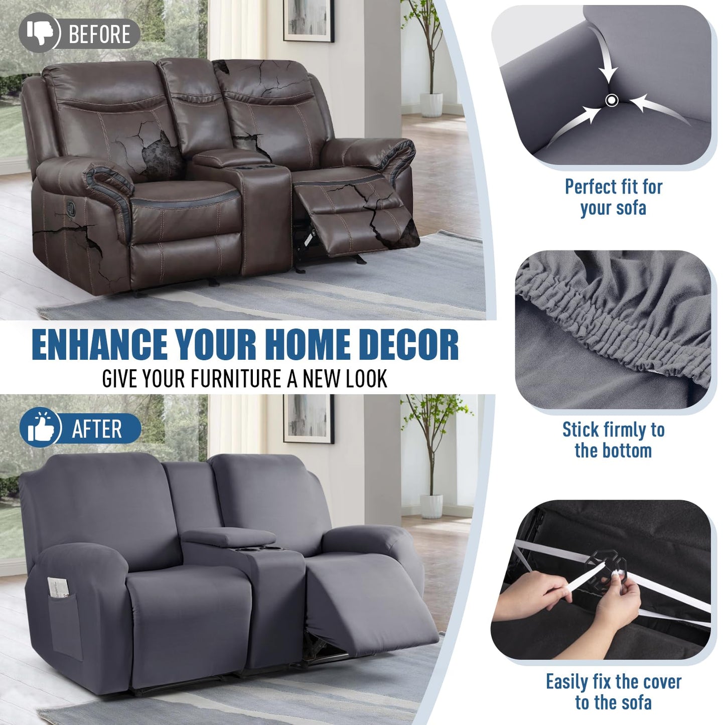 TAOCOCO Reclining Loveseat with Middle Console Slipcover, 4 Piece Polyester Fabric Stretch Loveseat Reclining Sofa Covers (Light Gray, 2 Seat Recliner Cover with Console)
