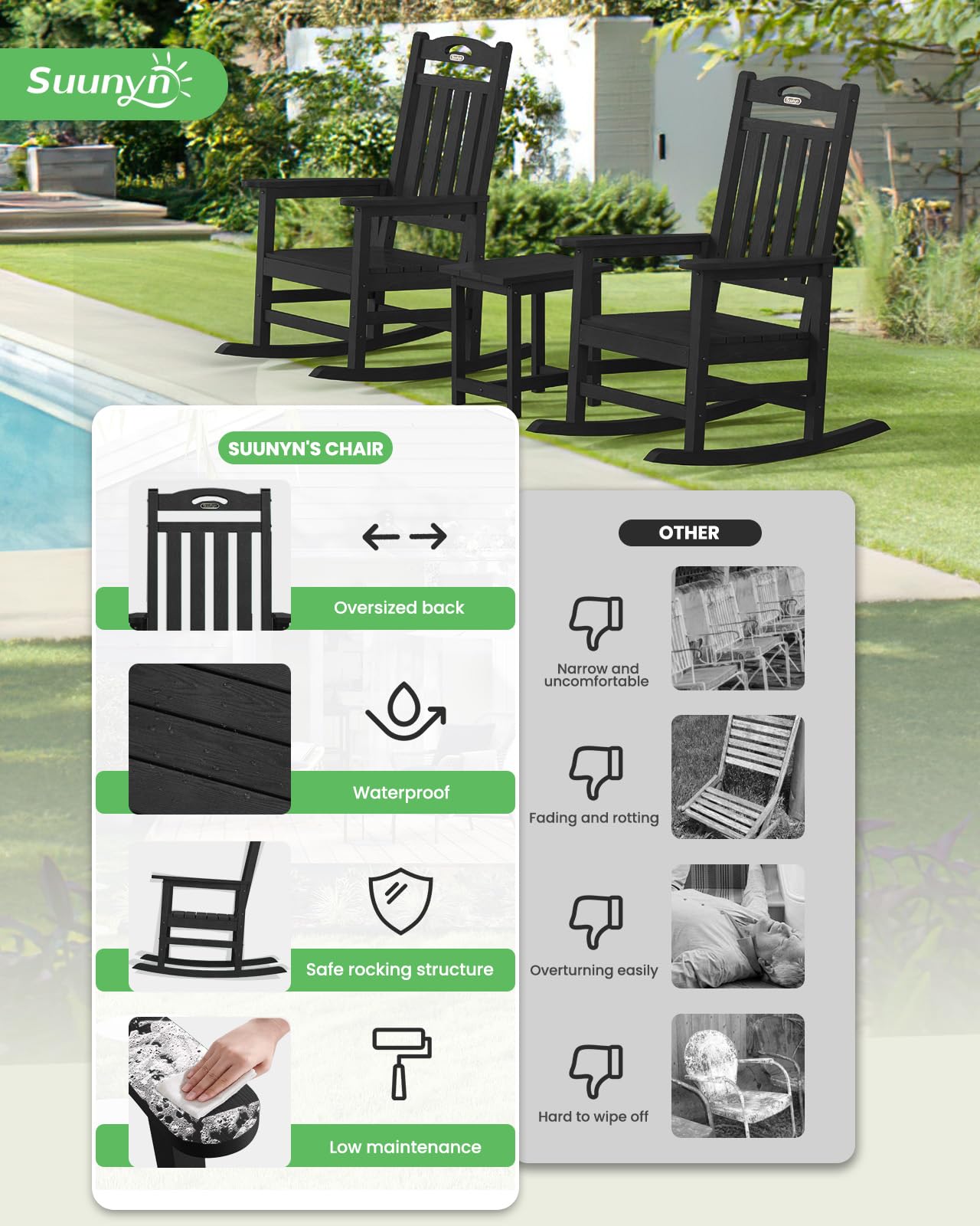 SUUNYN Oversized Outdoor Rocking Chair, High Back Porch Rocker Chair, HDPE All Weather Resistant Rocking Chairs for Patio, 380lbs Weight Capacity, Black