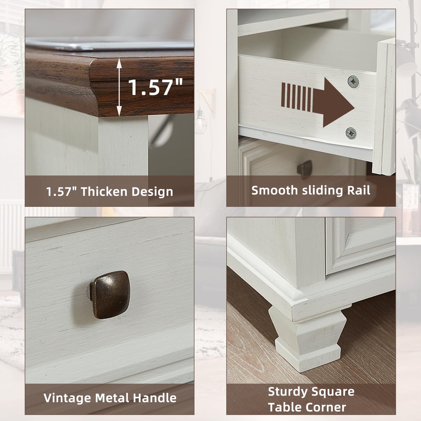 SAVOR LIFE Farmhouse Nightstand Set of 2 with Charging Station, Rustic White Nightstand,2 Drawers End Table for Living Room,Bedside Table with Open Shelf for Bed Room,White