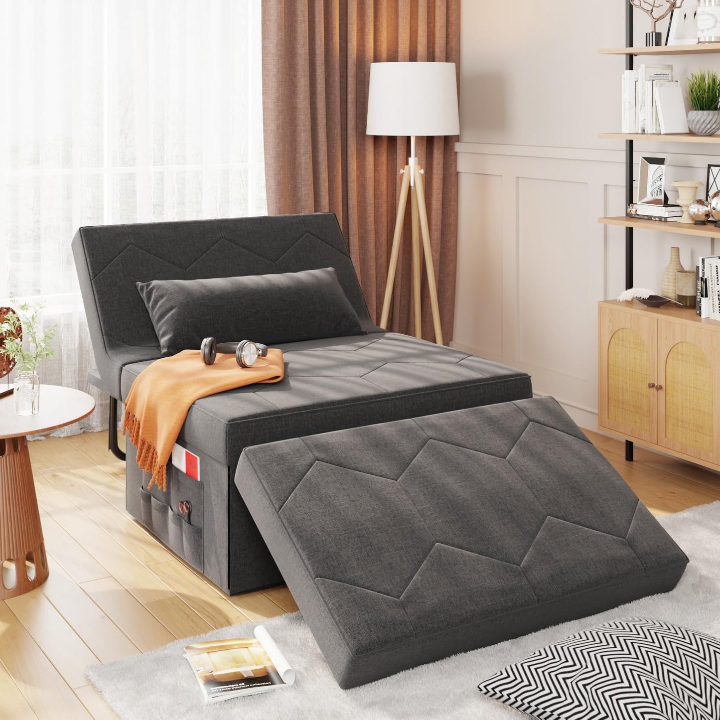 4 in 1 Sleeper Chair, Convertible Sleeper Sofa with Ottoman, Ottoman Bed for Adults, Sofa Bed with Adjustable Backrest for Living Room Apartment Office, Dark Grey