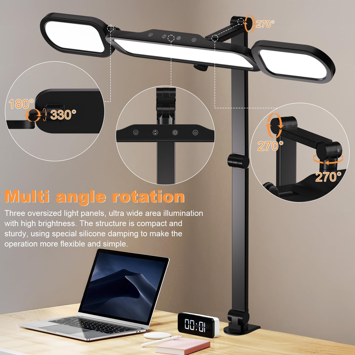 NUERPO LED Desk Lamp with Clamp,Adjustable Swing Arm Desks Lamps for Home Office,Dimmable Tempering Eye Care Desk Light Bright Modern Led Table Lamp for Nail Tech Archite (3 Section Swing Arm)