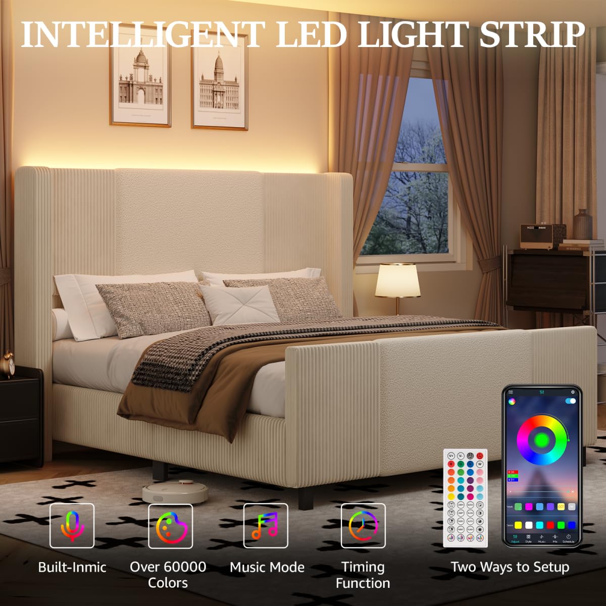 Lihimte 48" Tall Headboard Queen Bed Frame with LED Lights, Boucle and Corduroy Upholstered Bed Frame Queen with Wingback Headboard and Footboard, No Box Spring Needed, Noiseless, Easy Assembly, Beige