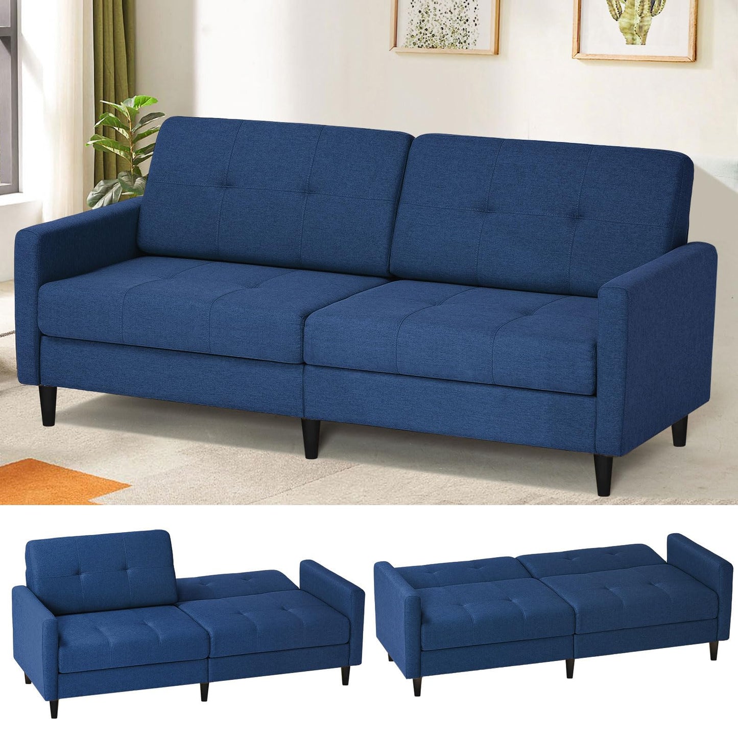 Lesofair 77" Linen Fabric Sofa Bed with Adjustable Backrests, Convertible Loveseat Sofa with Storage Space, Modern Sleeper Couch with Wooden Legs for Living Room, Bedroom, Blue