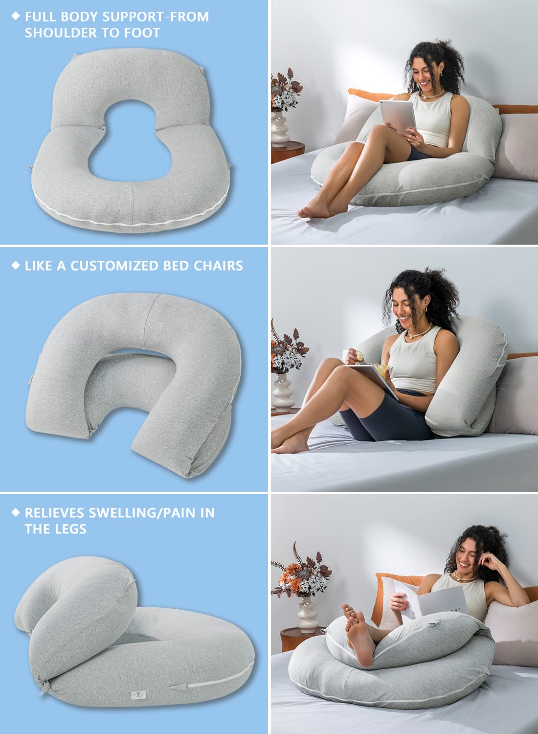 INSEN Reading Pillow, Back Pillow for Sitting in Bed for Reading, Nurse & Relax, Reading Pillow for Adults, Moms & Kids, Sit Up Pillow for Bed, Grey Jersey
