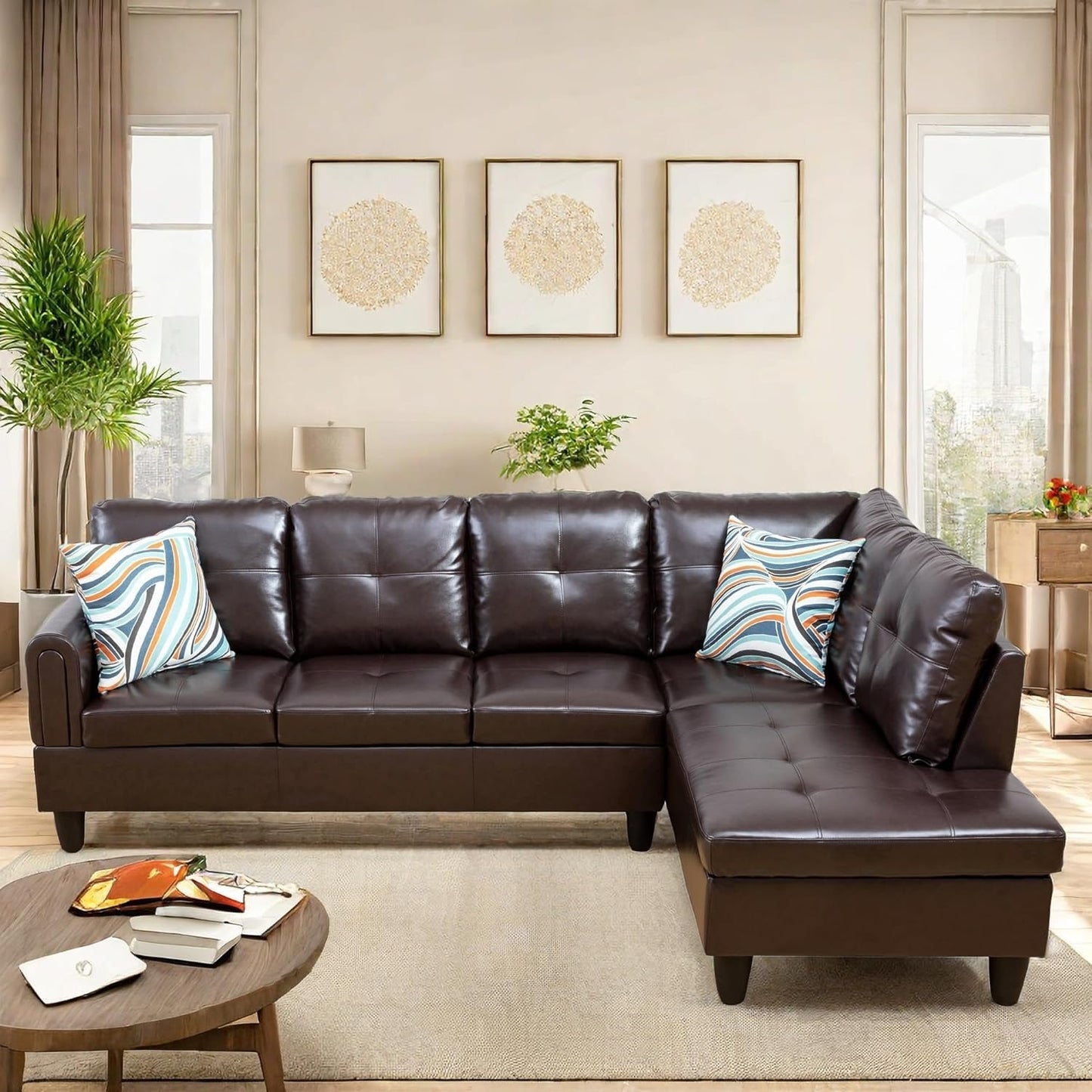 Modern L-Shaped Sectional Sofa with Chaise, High-Density Sponge Cushions, Light Gray (Leather)