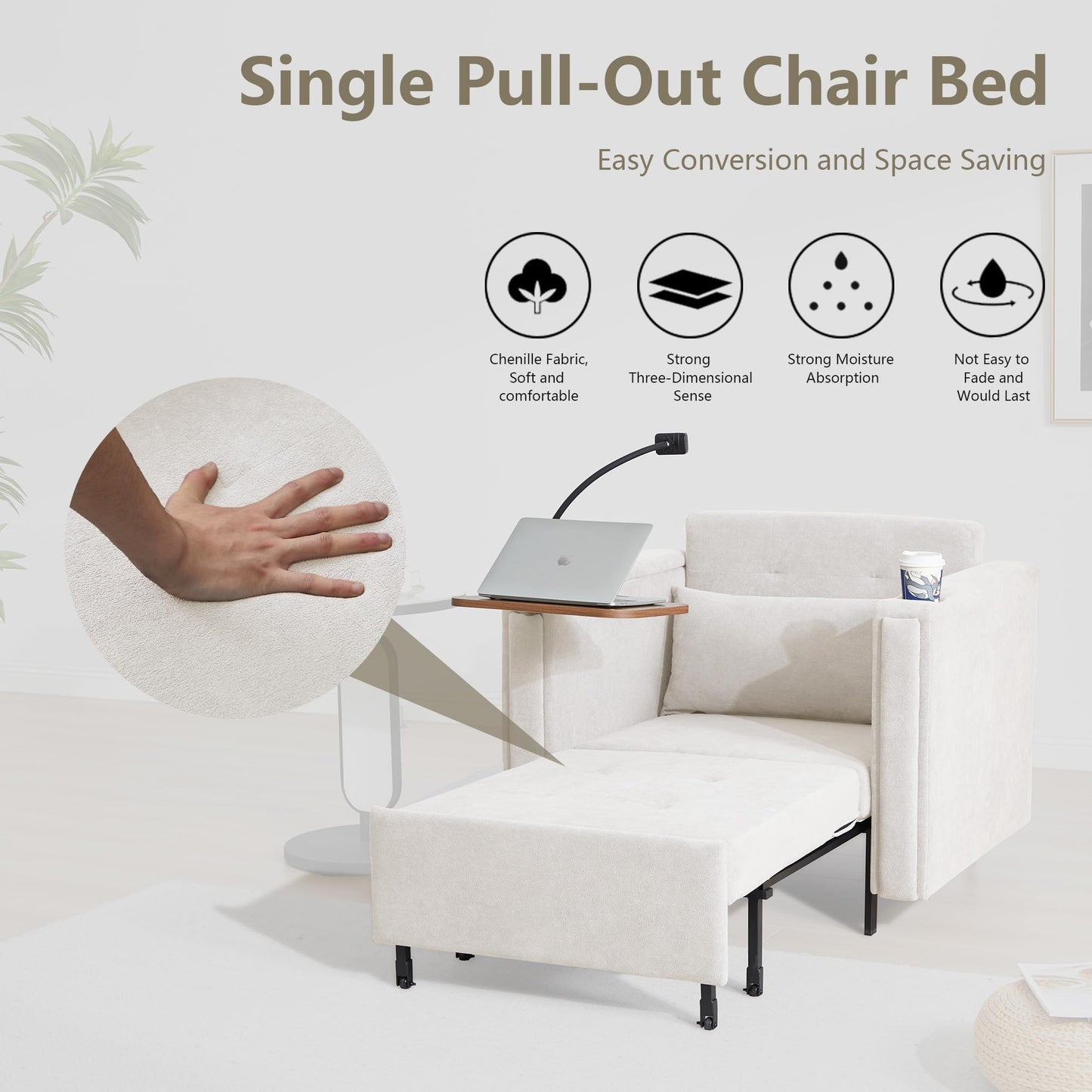 LEVNARY 3-in-1 Convertible Sleeper Chair Pull Out Bed, Single Sofa Chair Sleeper for Adults with Hidden Side Table, Modern Chenille Fabric Armchair for Bedroom Dorm Home Office (Beige)