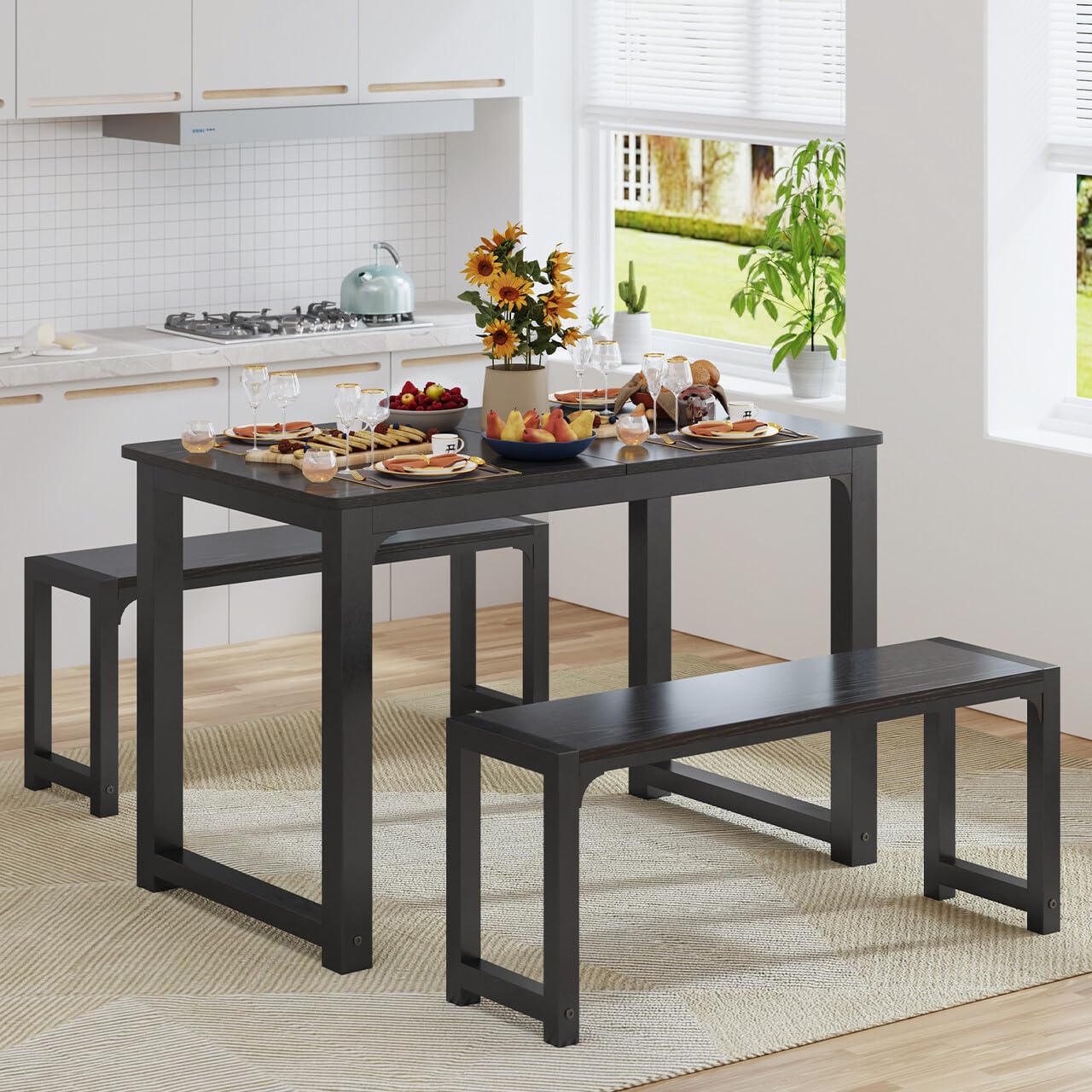 Gizoon 63” Kitchen Table Sets for 4 with 2 Benches Extendable Dining Table Set for 4 with Chairs Dining Room Table and Chairs for Kitchen Apartment Outdoor and Home Office, Black