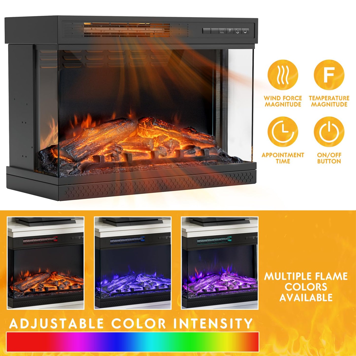 JUMMICO Fireplace TV Stand for TVs up to 65'', 3-Sided Glass Media Entertainment Center Console Table with Cabniet Storage Adjustable Flame LED Color for Living Room (Distressed White)