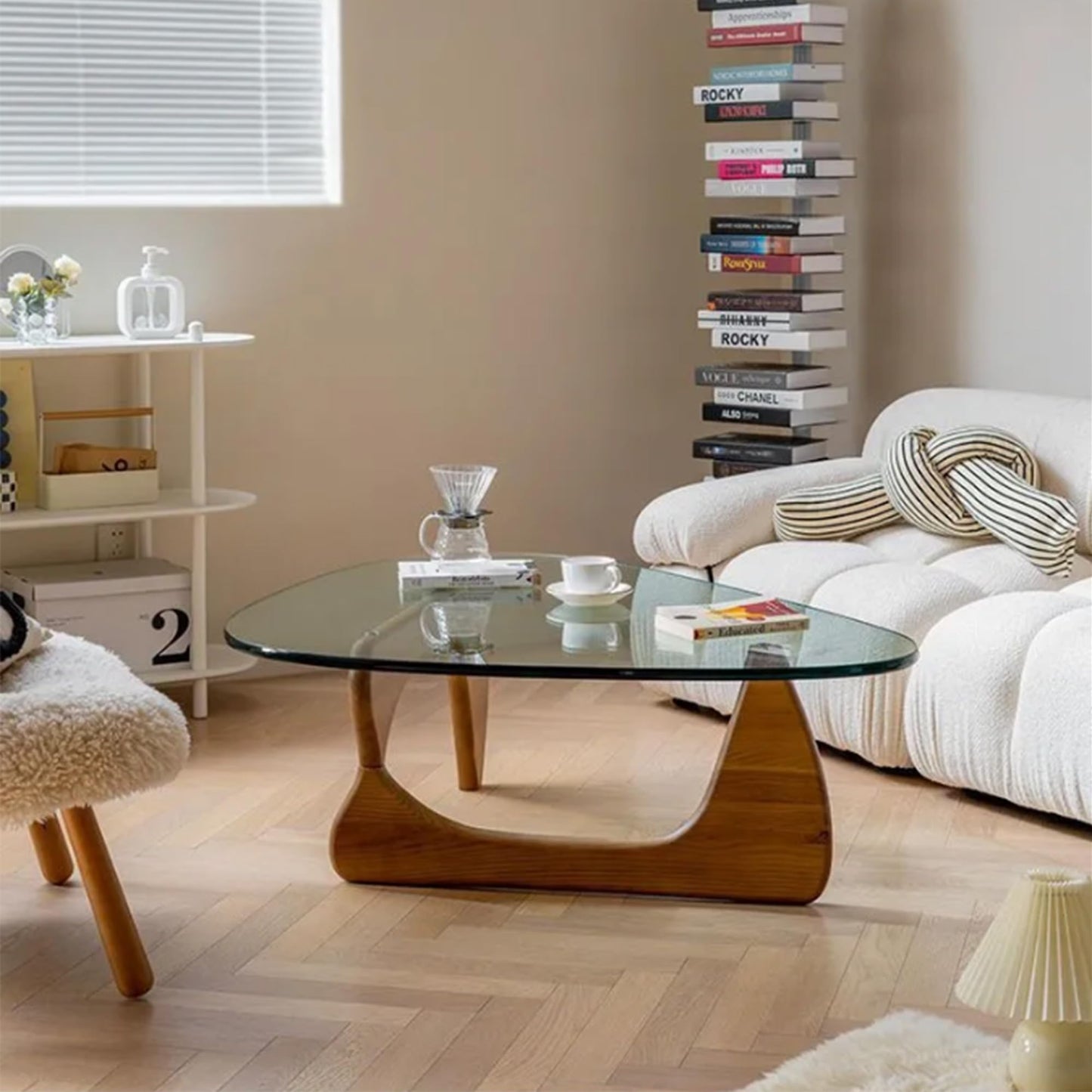 EASYSOUL Modern Glass Coffee Table, 44.88" D x 32.28" W x 15.75" H, Abstract Round Tea Tables for Living Room Home Office Industrial Cocktail Tables (Walnut-Clear Glass, 44.88")