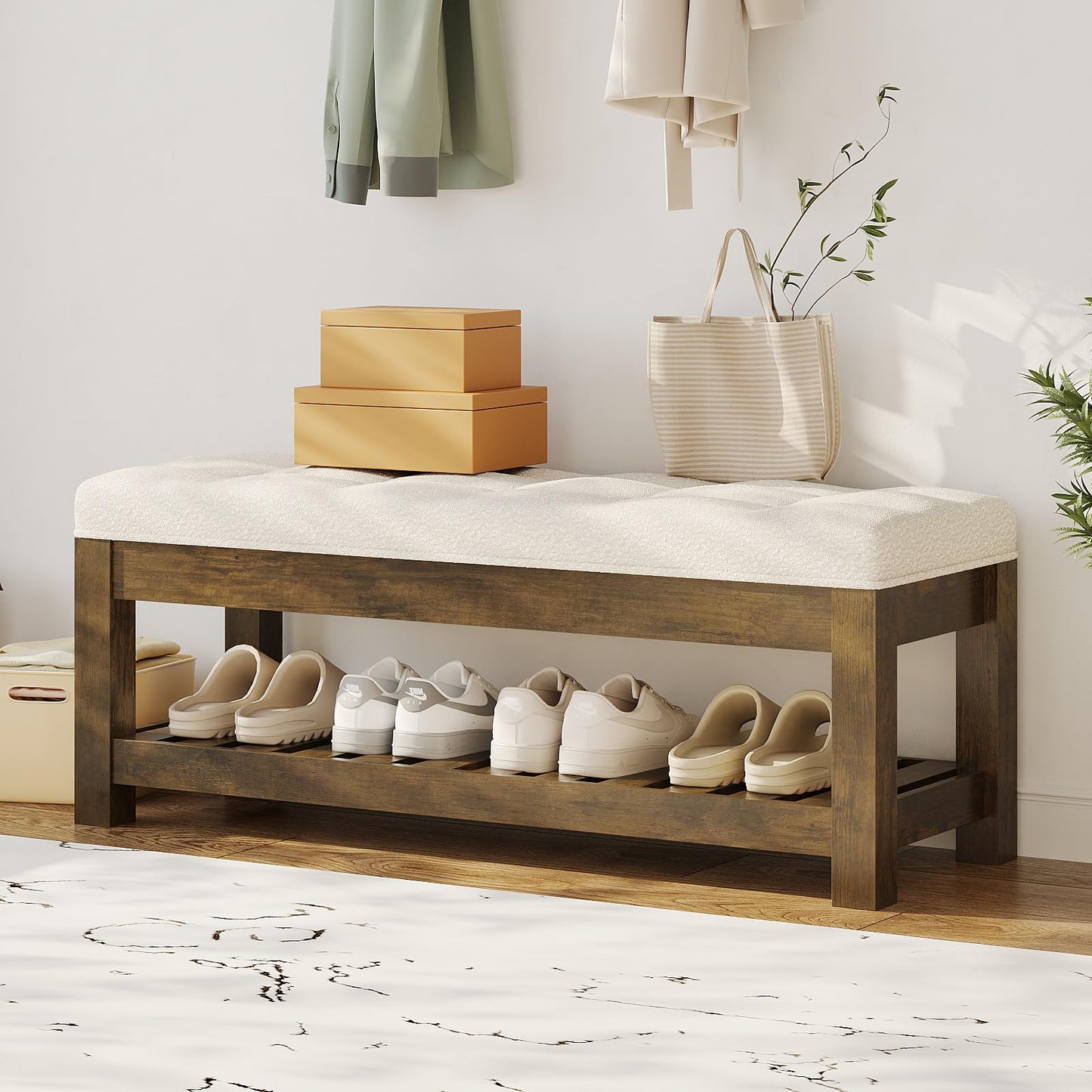 Welfuturer Large Upholstered Ottoman Bench Entryway Storage Benches Tufted Linen Ottoman Bench with Solid Wood Shelf Padded End of Bed Bench for Bedroom Living Room Hallway Decor