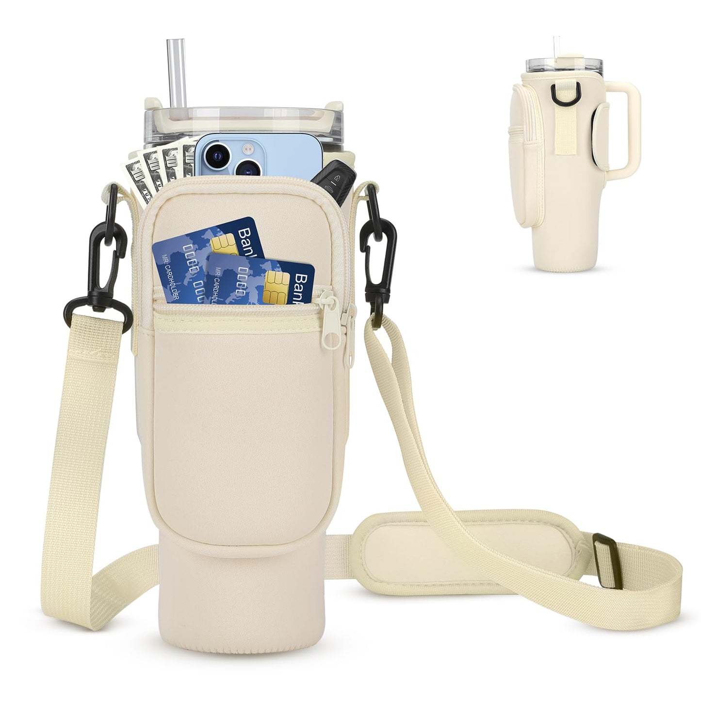 GOEWY Water Bottle Carrier Bag for Stanley 30oz Tumbler with Phone Pocket Water Bottle Holder with Strap Neoprene Water Bottle Pouch for Stanley Cup Accessories