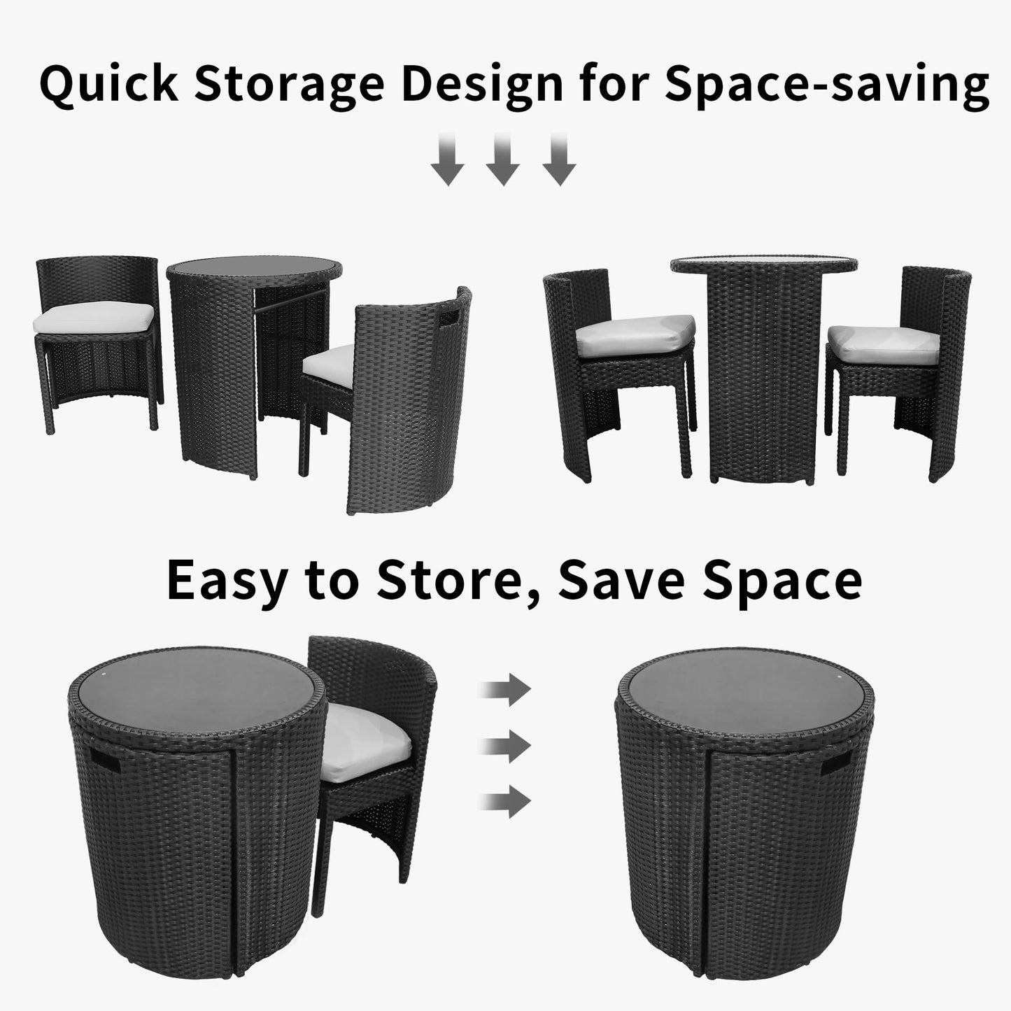 TWT 3 Pieces Fully Assembled Aluminum Outdoor Patio Bistro Set All-Weather Wicker Patio Furniture with Tempered Glass Table & Patio Chairs for Poolside Porch Deck Apartment Black