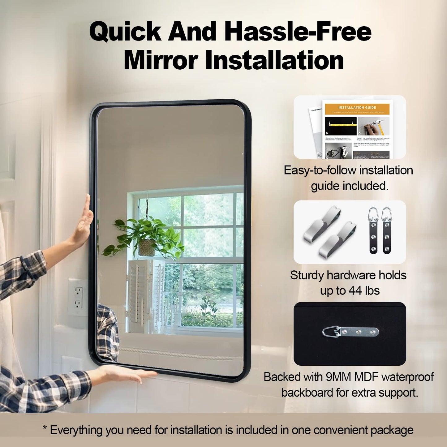 ANDY STAR Mirror for Bathroom 24X36 Inch, Matte Black Mirror, Modern Black Vanity Mirror, Rounded Rectangle Mirror Metal Framed Mirror Wall-Mounted Mirrors Hang Vertically/Horizontally