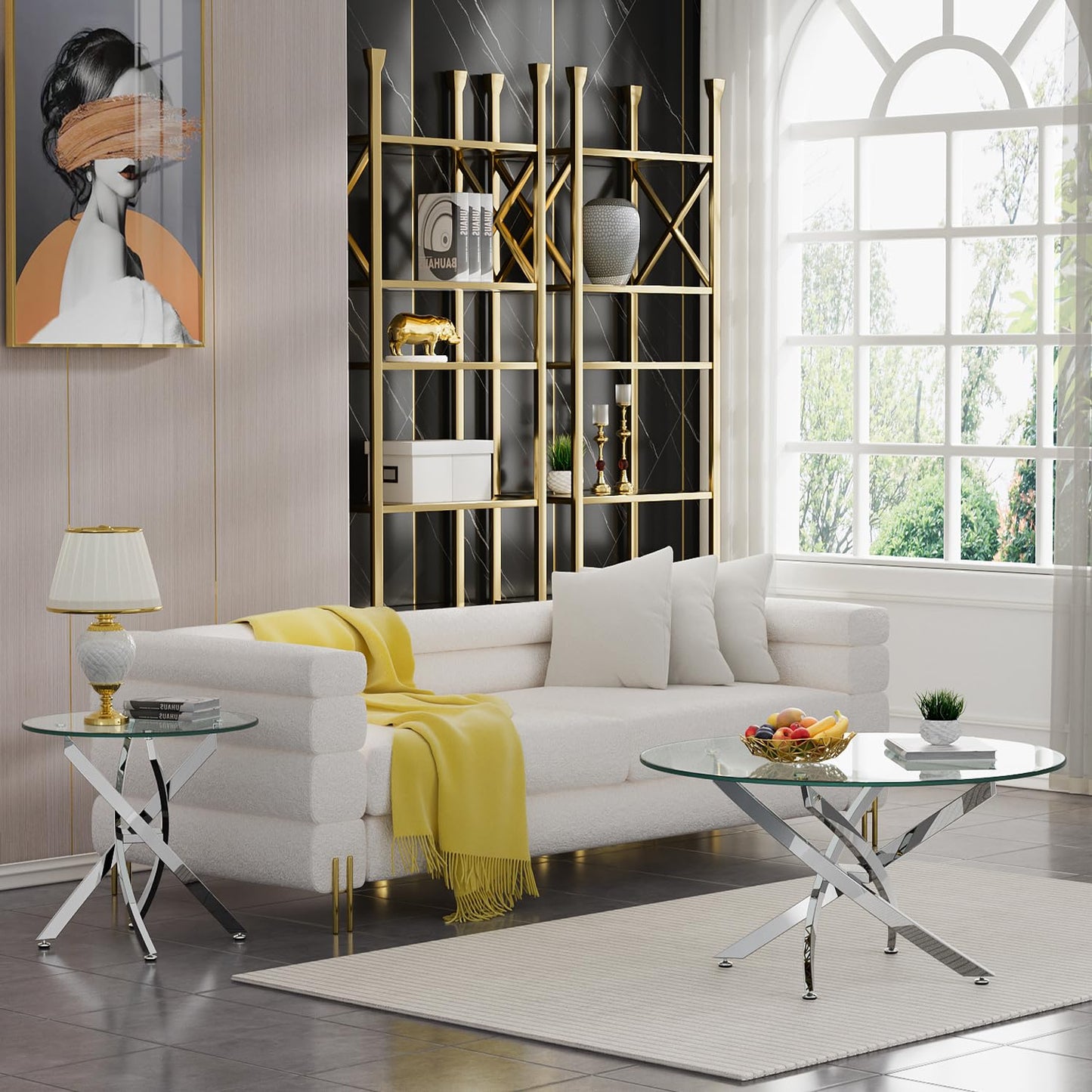 SSLine Modern Round Glass Coffee End Table Set of 2 Luxury Circle Cocktail Center Table with 1 End Table for Living Room Bedroom Office, Mirrored Stainless Steel Cross Base(Clear Silver2)