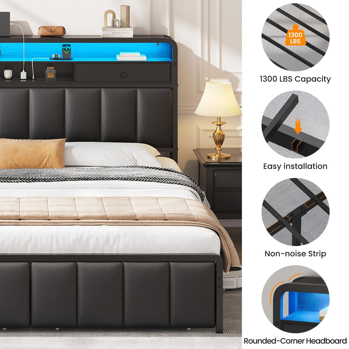 Brinlawb King Bed Frame with Drawers & Storage Headboard, Bed Frame King Size with Charging Station & LED Light, Upholstered Platform Bed, Metal Frame Support, No Box Spring Needed, Noise Free, Black
