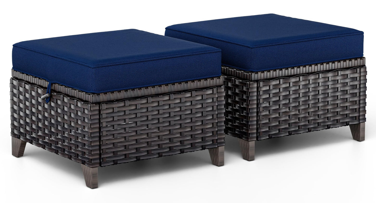 MaxMulti Patio Ottomans Set of 2, Outdoor Wicker Footrest with Thickened Cushions, Outdoor Rattan Ottoman for Porch, Backyard and Deck (Blue)