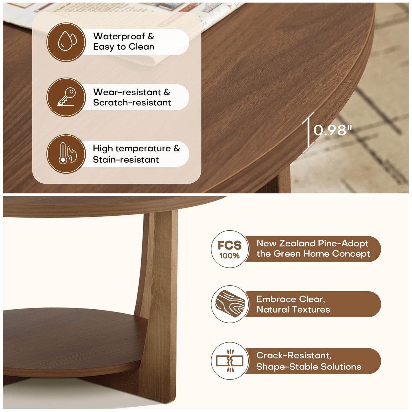 BECHAEO 31.5'' Round Coffee Table with Solid Wood Pine Legs, 2-Tier Retro Round Coffee Table with Storage Shelf, Small Modern Wood Circle Coffee Table Boho Round Center Table for Living Room (Walnut)