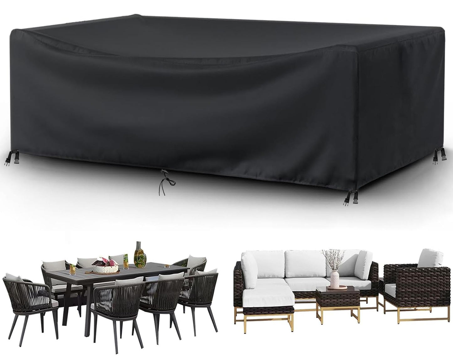 Patio Furniture Covers Outdoor Table Cover Waterproof Rectangular 420D Garden Dining Table Cover Wind Dust Proof Anti-UV Patio Sectional Couch Cover Table and Chair Set Covers 90"Lx65"Wx28"H Black