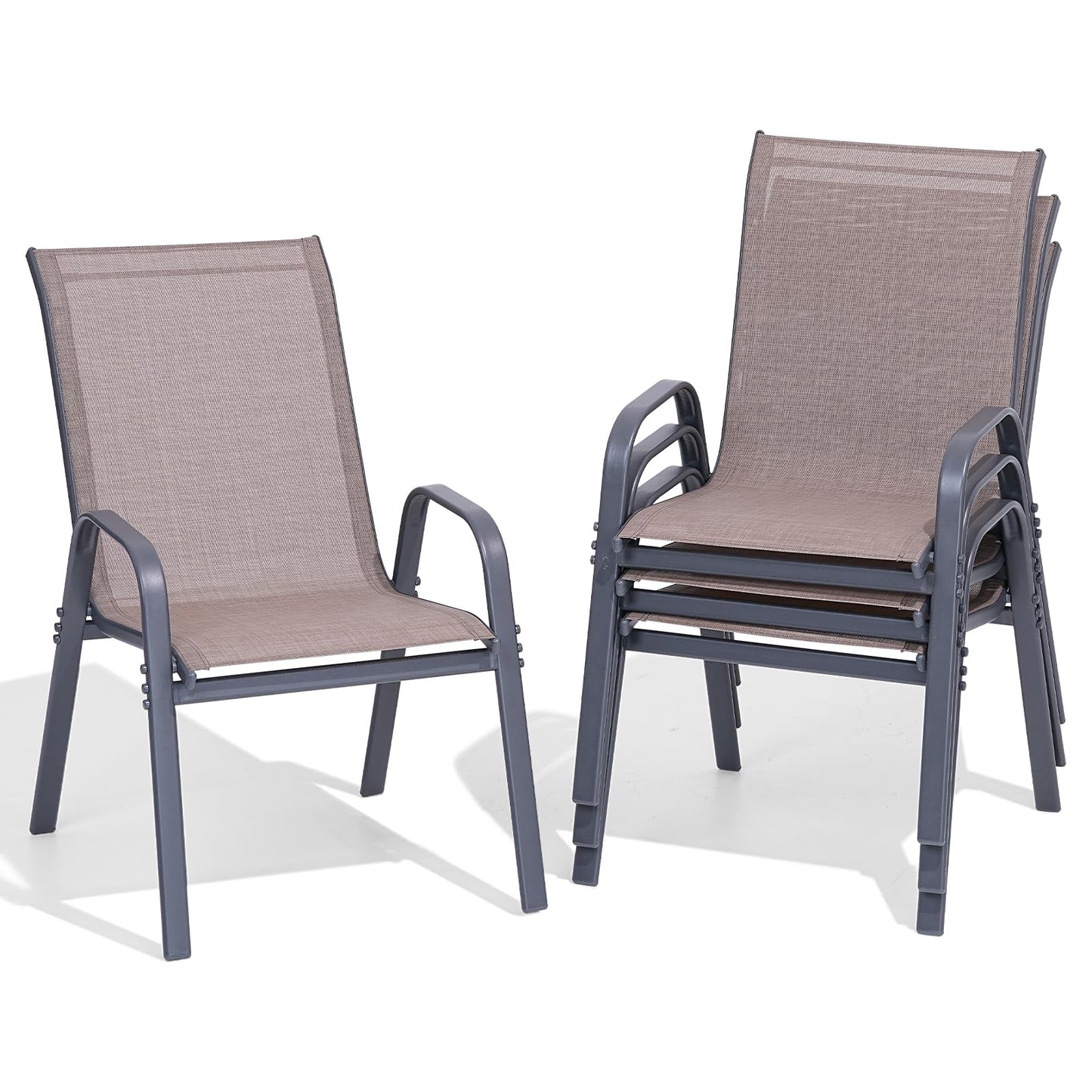 Dovov Patio Chairs Set of 4, Easily Set Up Stackable Outdoor Dining Chairs with High Back and Wide Seat, All Weather Breathable Outdoor Chairs Set of 4 with Metal Frame for Backyard Deck Pool, Brown