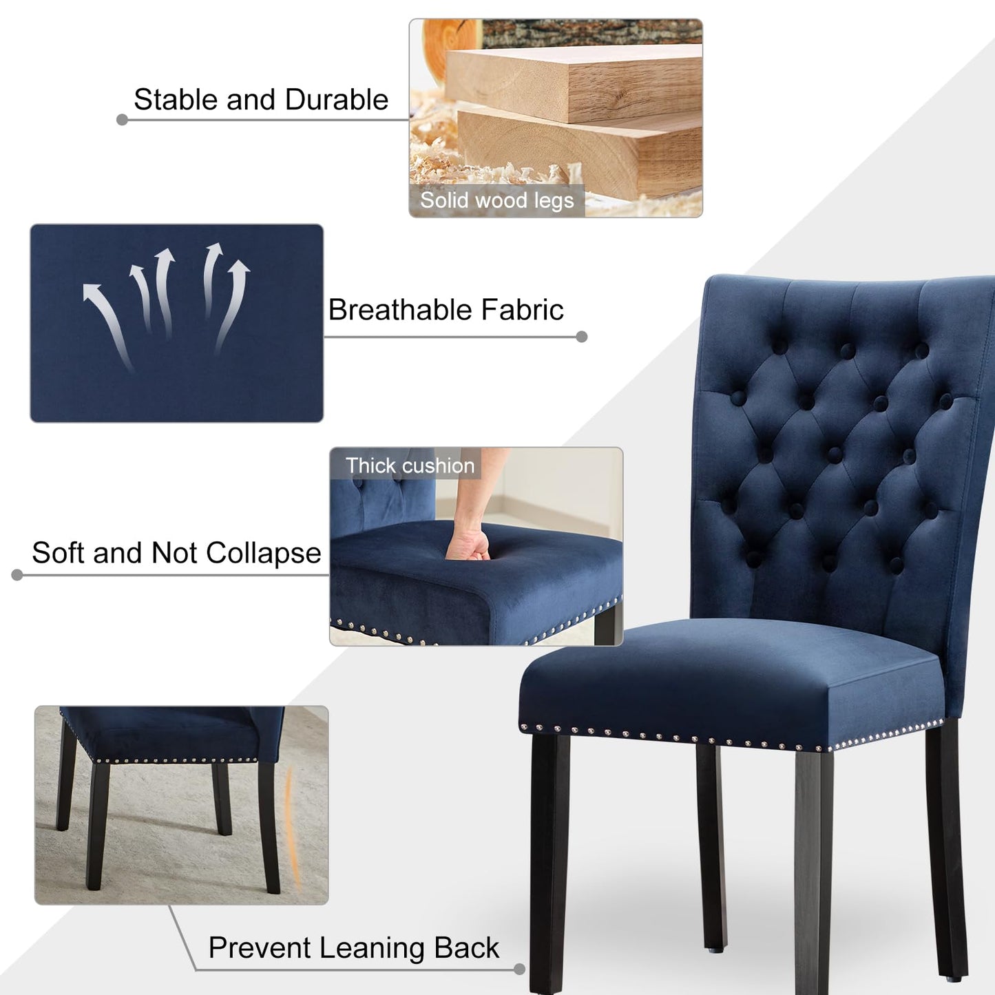 adochr Velvet Dining Chair Set of 2, Parsons Upholstered Dining Room Chair, Wood Accent Chair with Nailed Trim, Blue