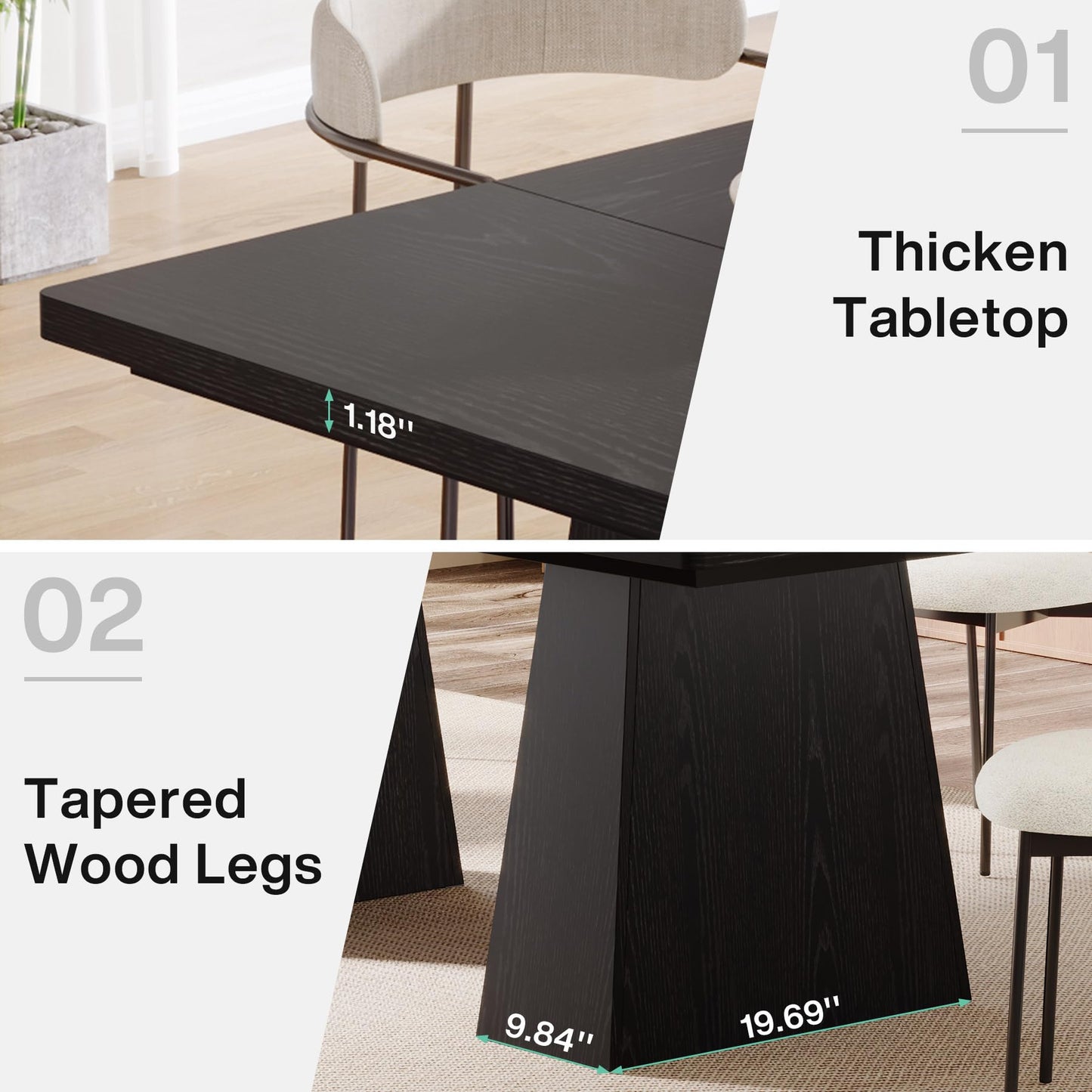 Tribesigns Dining Table for 6, Farmhouse Wood Dinner Rectangular Table Kitchen Table with Double Pedestal, 63" L x 31.5" W x 30" H, Black
