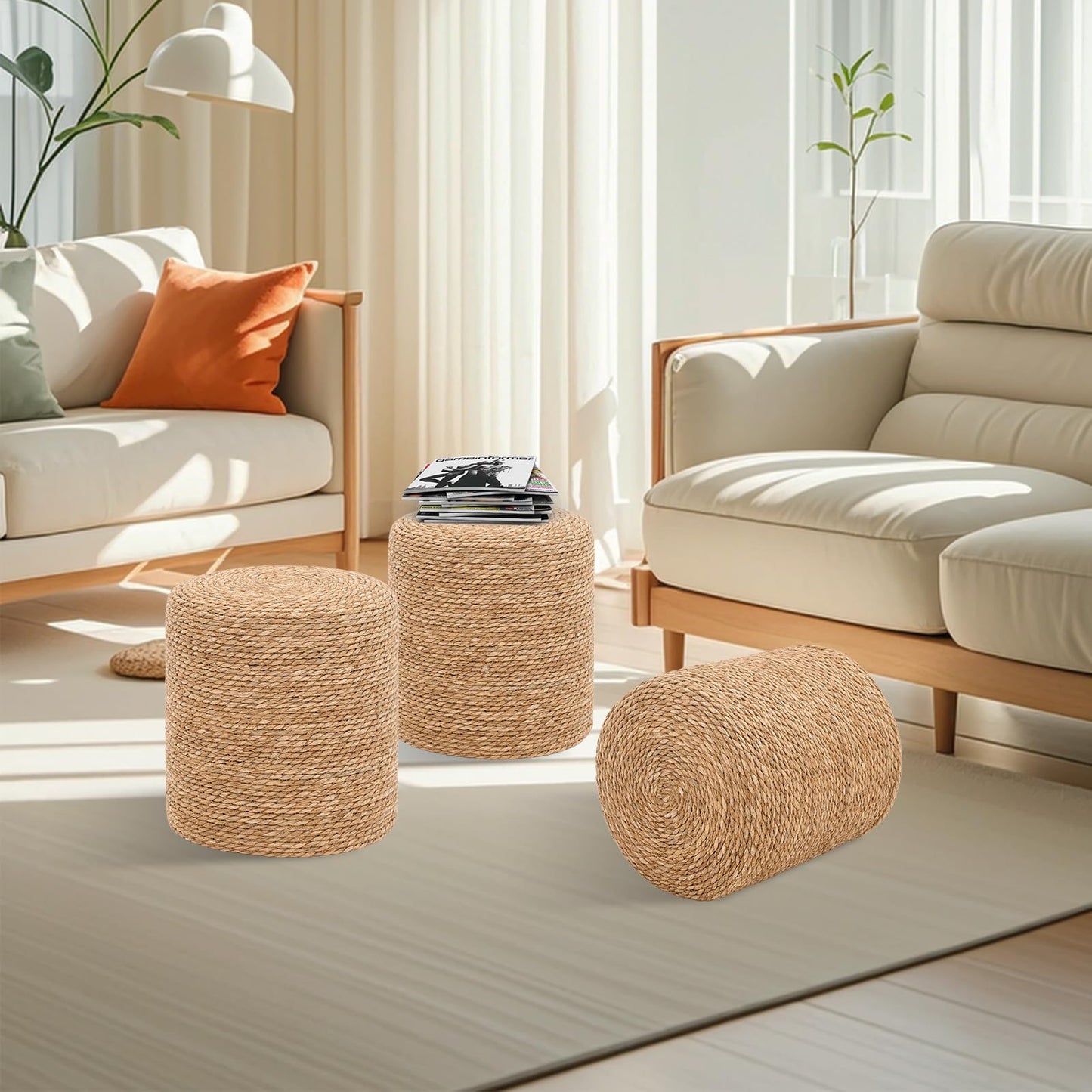 SJGUOJI 16'' Round Ottoman Natural Seagrass Braided Poof Hand Weaving Round Ottomans Boho Footrest Stool for Home Living Room Bedroom Patio(Natural)