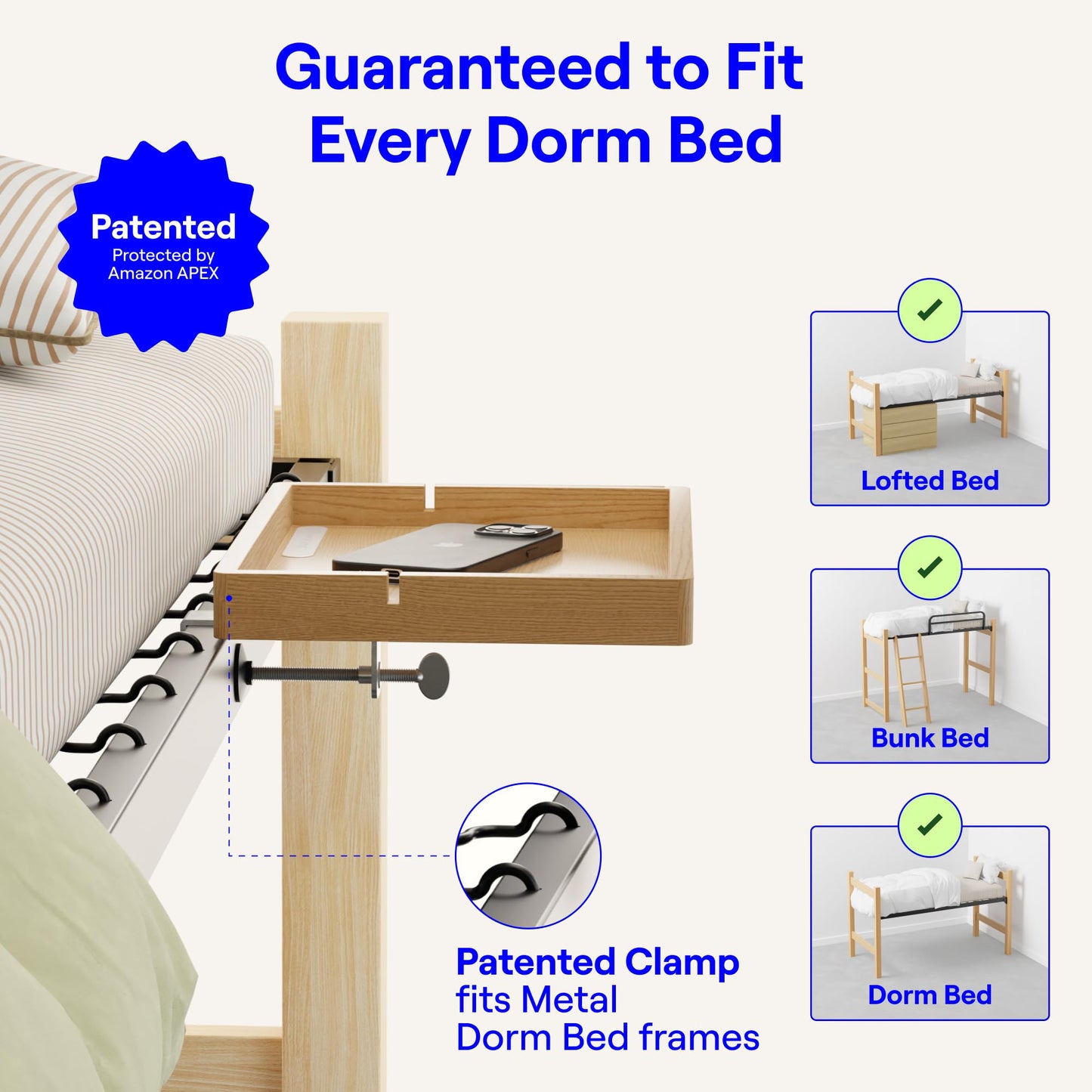 Smallish BedShelfie Bedside Shelf for Bunk Bed & Top Bunk, College Dorm Room Essentials, Loft Nightstand, Floating Bed Side Table Tray Storage, Dorm Room Decor (Flexfit Model, Natural)