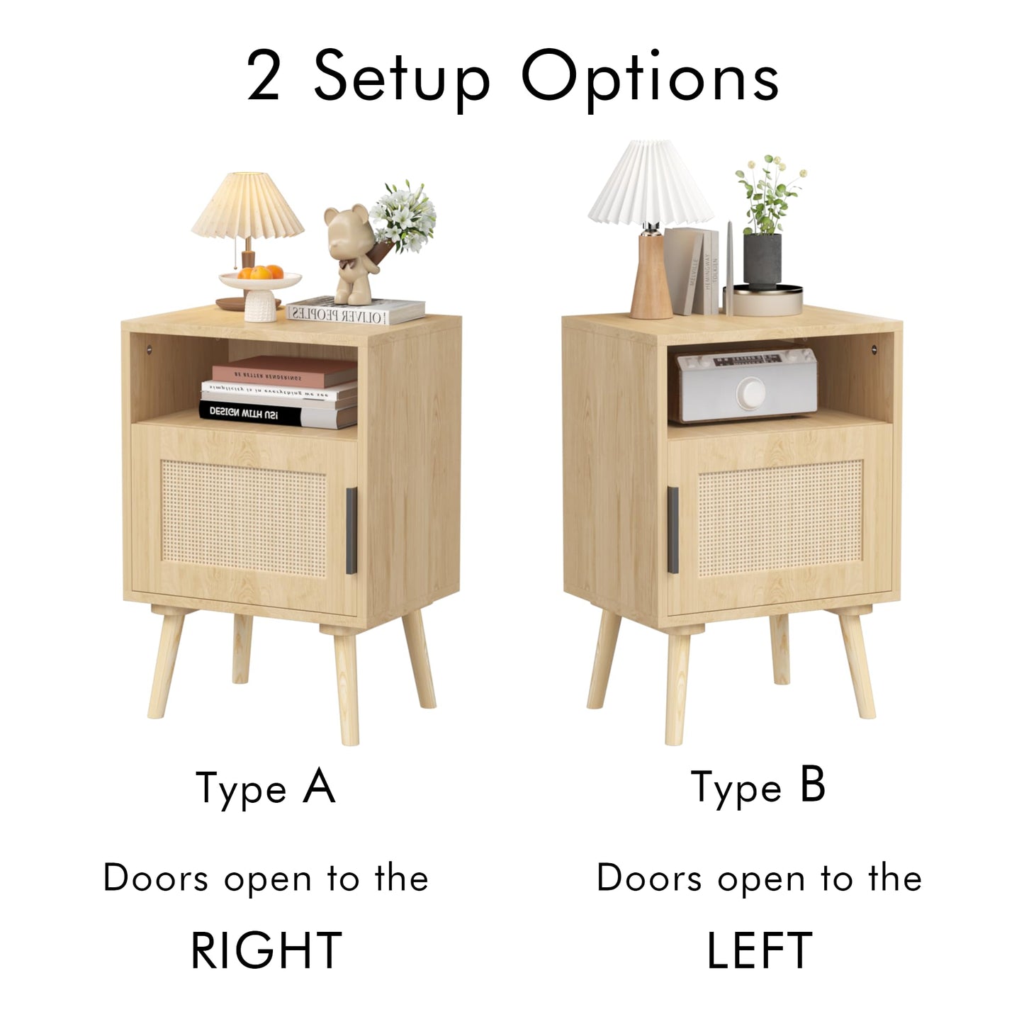 SweetGO corporation Rattan Nightstand, Side Table with Door Open Shelf, Accent Bedside End Table with Solid Wood Legs for Bedroom, Dorm and Small Spaces