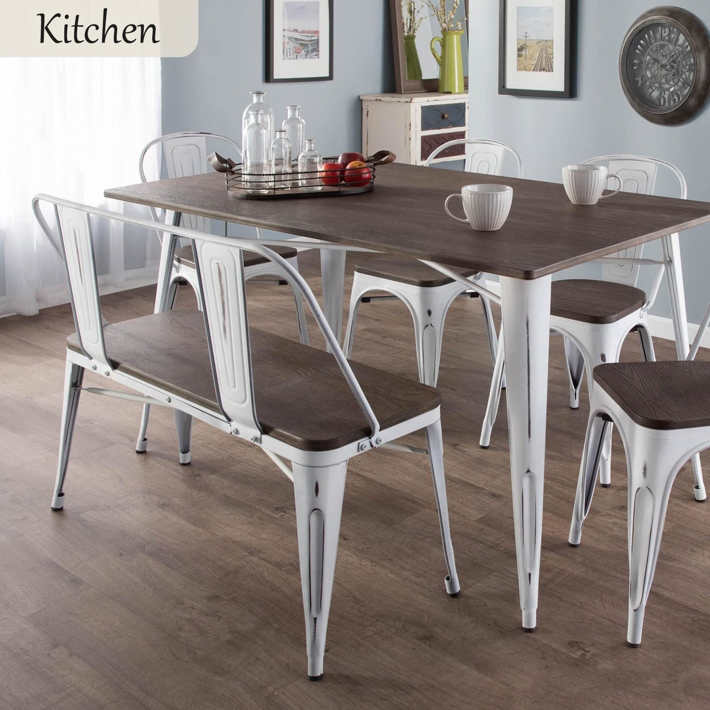 YOLENY Dining Bench, Entryway Bench with Back, Farmhouse Metal Dining Bench, Industrial Mid-Century 3 Person Rustic Spindle Bench, with Wood Seat, Removable Backrest, 42in, White
