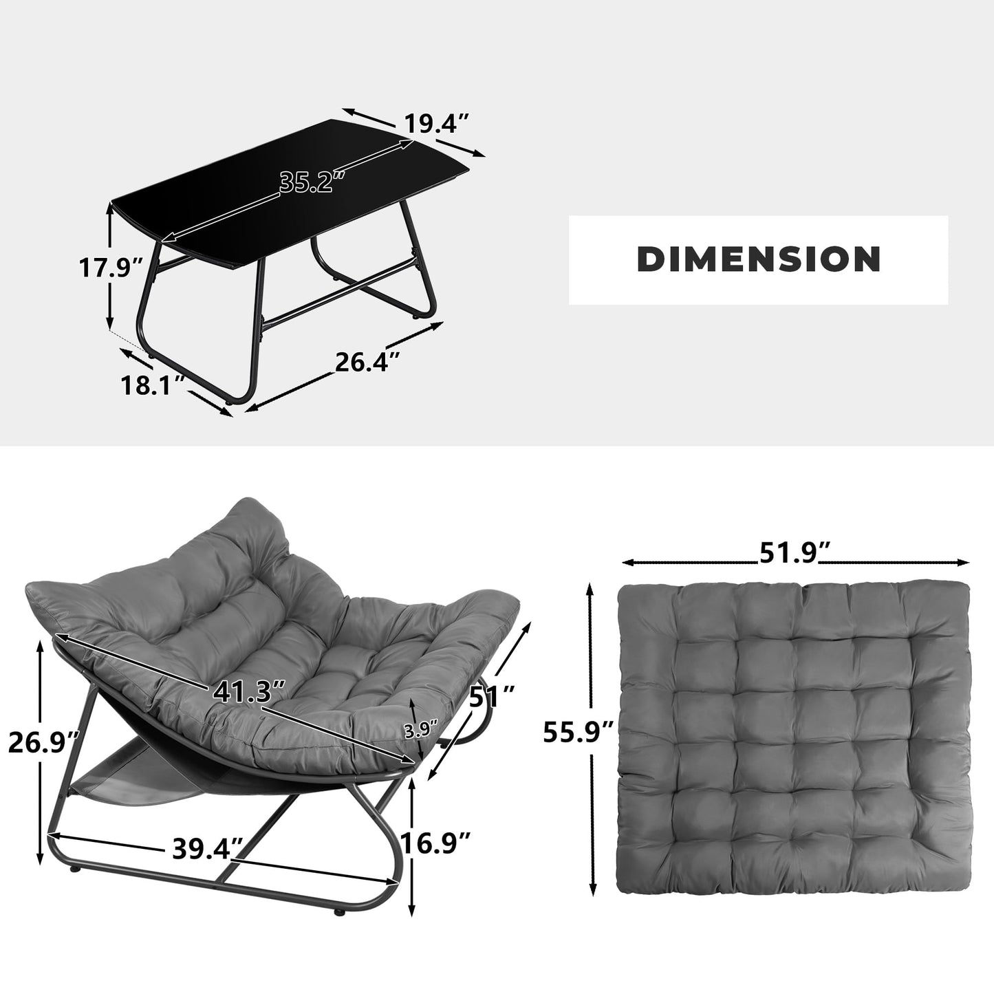 Patio Loveseat with Coffee Table, 2 Seater Oversized Outdoor Couch with Soft Cushion, 2 Pieces Patio Furniture Set, Outdoor Indoor Loveseat with Metal Frame for Porch, Garden, Living Room, Balcony