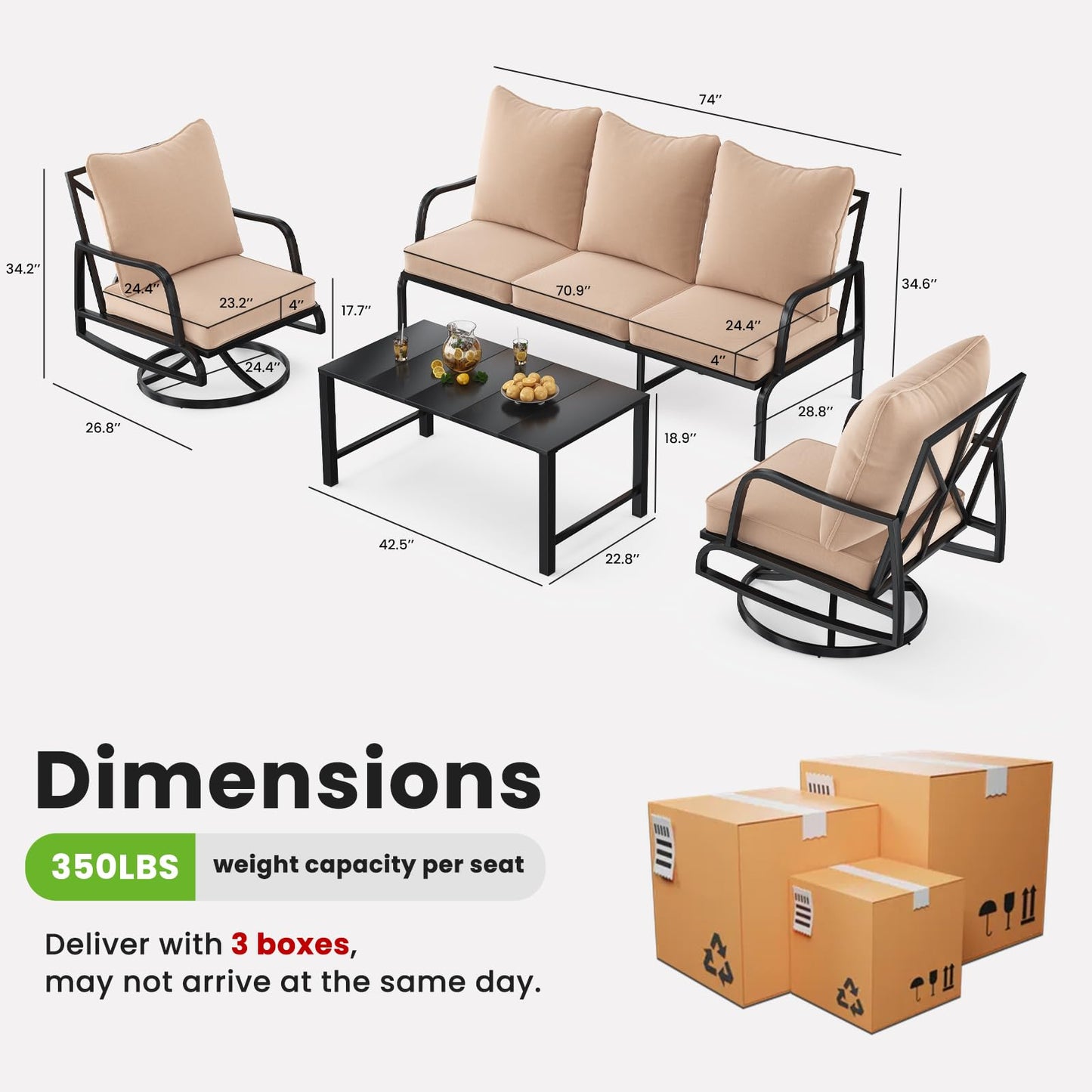 Soohow Patio Furniture Set, 4 Piece Outdoor Patio Furniture Set, 2 x Outdoor Swivel Chair, 1 x 3-Seats Sofa and 1 x Coffee Table, Metal Conversation Set for Porch, Balcony, and Backyard