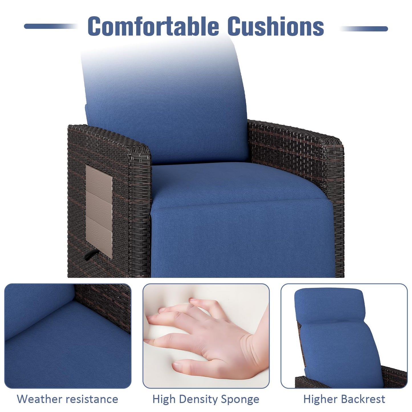 Kinfant Outdoor Recliner Chair with Adjustable Backrest, Flip Table, Thickened Cushion- for Patio, Poolside, Lawn, Backyard (Blue)