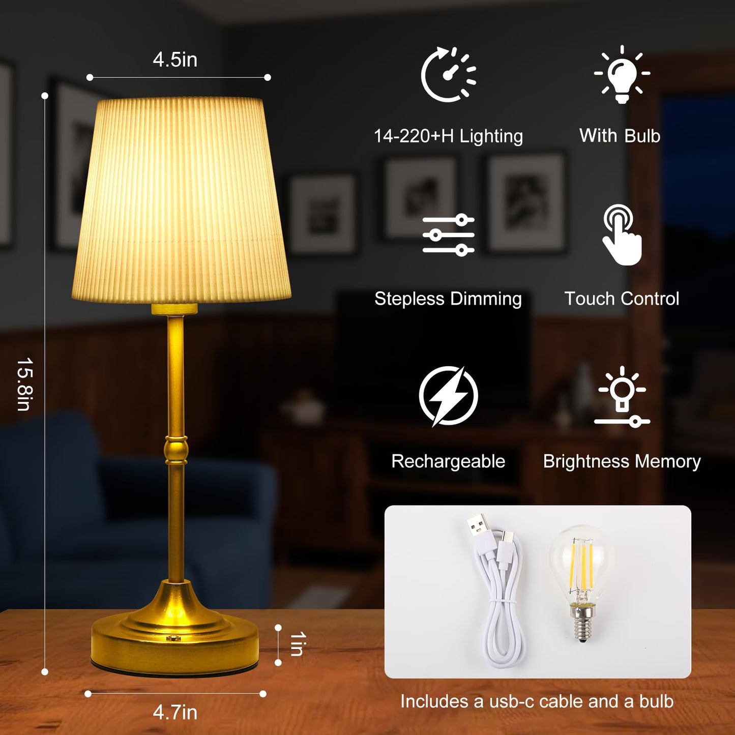 HULKNPEE Cordless Table Lamp Rechargeable,5200mAh Battery Operated Bedside Lamps for Nightstand Bedroom Living Room Kitchen Restaurant Dining,Gold Touch Dimmable Lamp Warm Light with Bulb 15.8"