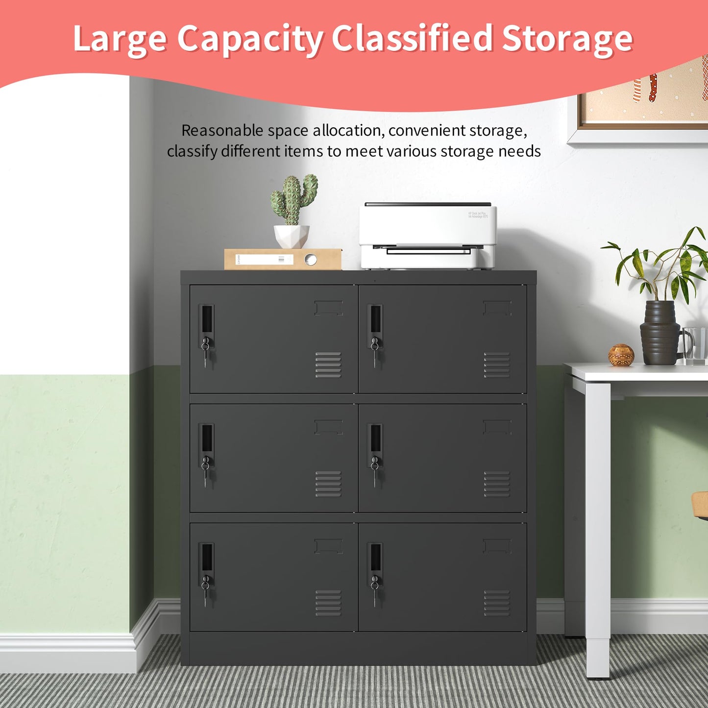 IKIMI Metal Lockers for Employees, Office Storage Locker with 6 Doors, Black, 35.43" W x 15.75" D x 39.37" H, Steel Staff Locker Storage Cabinet for Gym, Home, School, Garage, Assembly Required