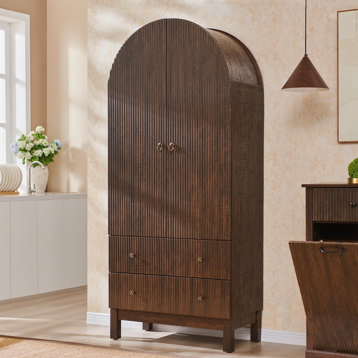 IFBUY 71" Tall Arched Bathroom Storage Cabinet, Modern Fluted Cabinet Storage with 4 Shlves and 2 Drawers, Floor Cabinet for Bathroom, Living Room, Kitchen, Brown