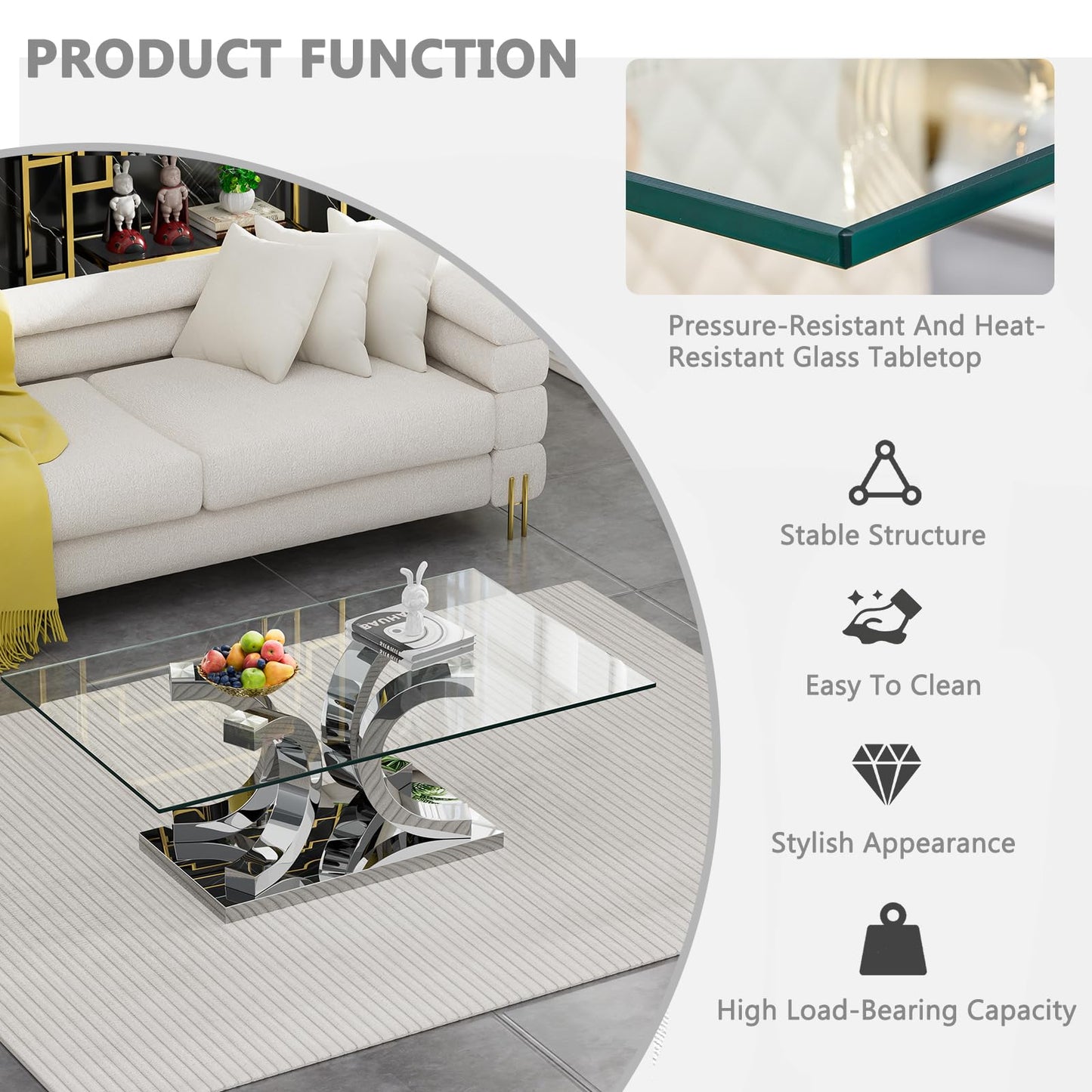 HomVent 3 Piece Glass Coffee Table Set, Living Room Side Table Set of 3, Modern Tempered Glass Coffee Table and 2 End Tables Set with Silver Unique Shapes Stainless Steel Base for Living Room