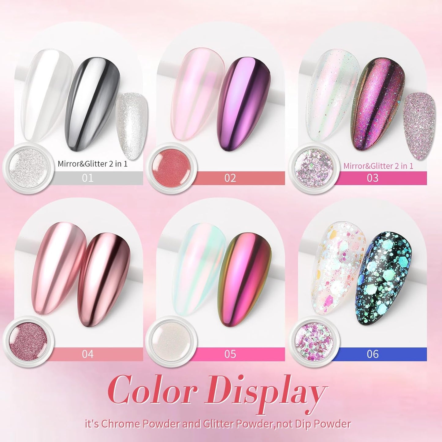 Born Pretty Pink Chrome Nail Powder Metallic Mirror Glitter Sequins Holographic Aurora Pigment Powder Manicure Nail Art Decoration Sets 6 Boxes