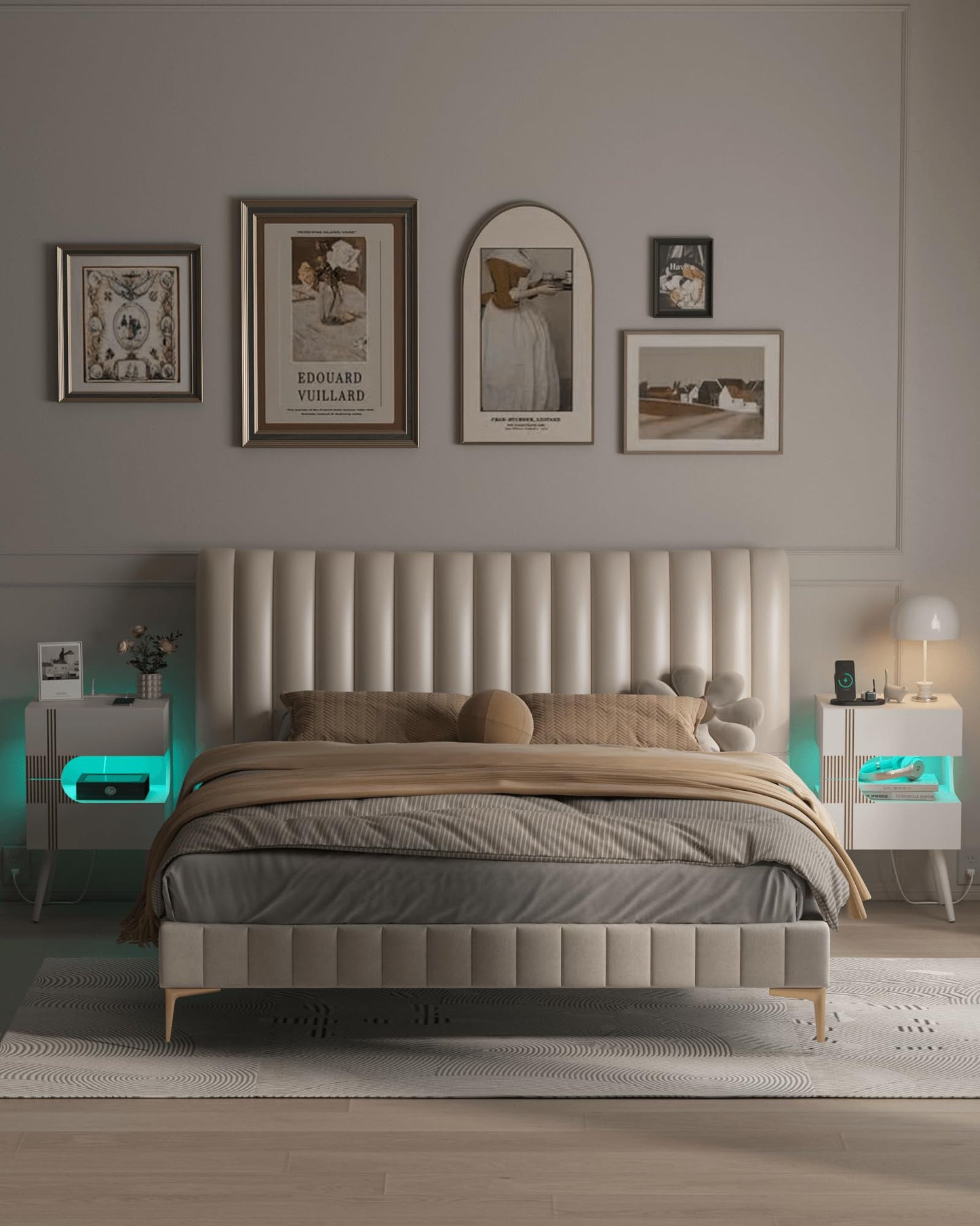 JOONEE White Nightstand with Charging Station and LED Lights,Modern Bedside Table with 2 Storage Drawer,Night Stand with Solid Wood Legs,White (White-2)