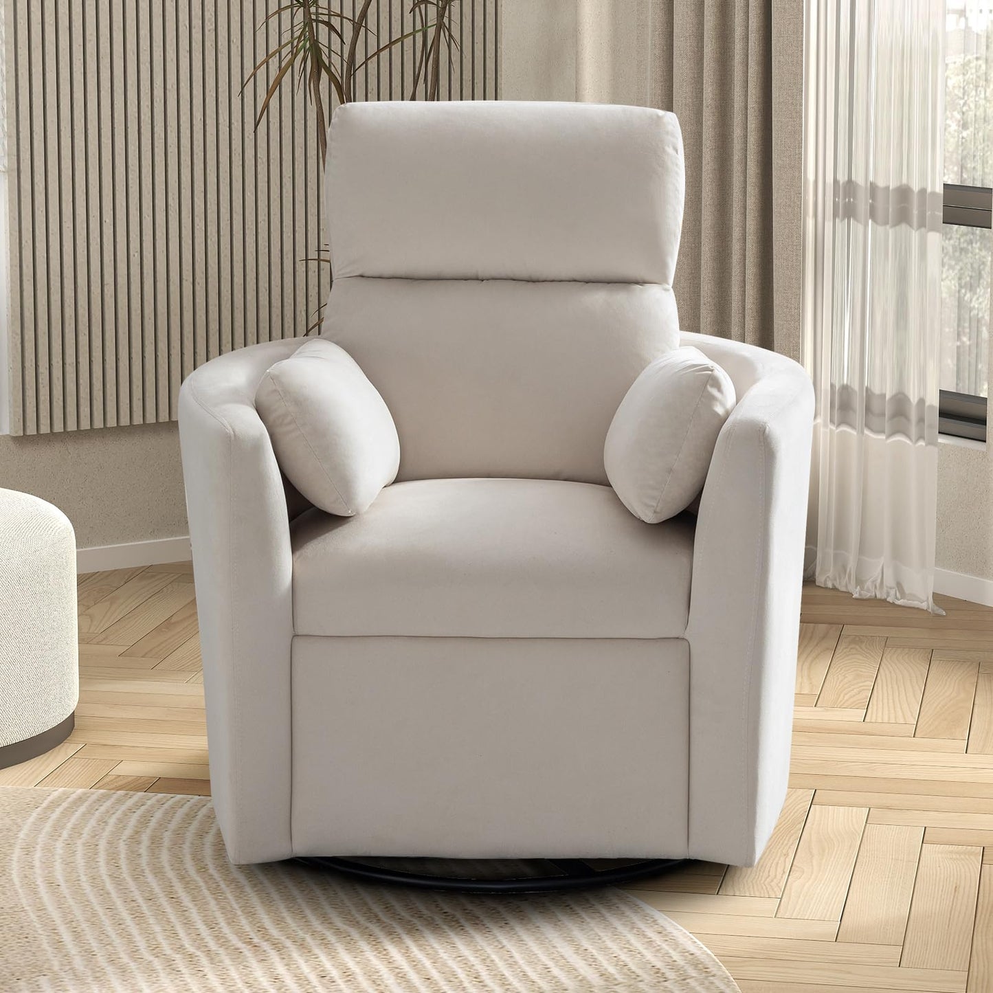 EBELLO Swivel Accent Chair, Velvet High Back Round Living Room Chair, Minimalist Reading Conversation Seat with Two Pillows for Small Space, Bedroom, Beige