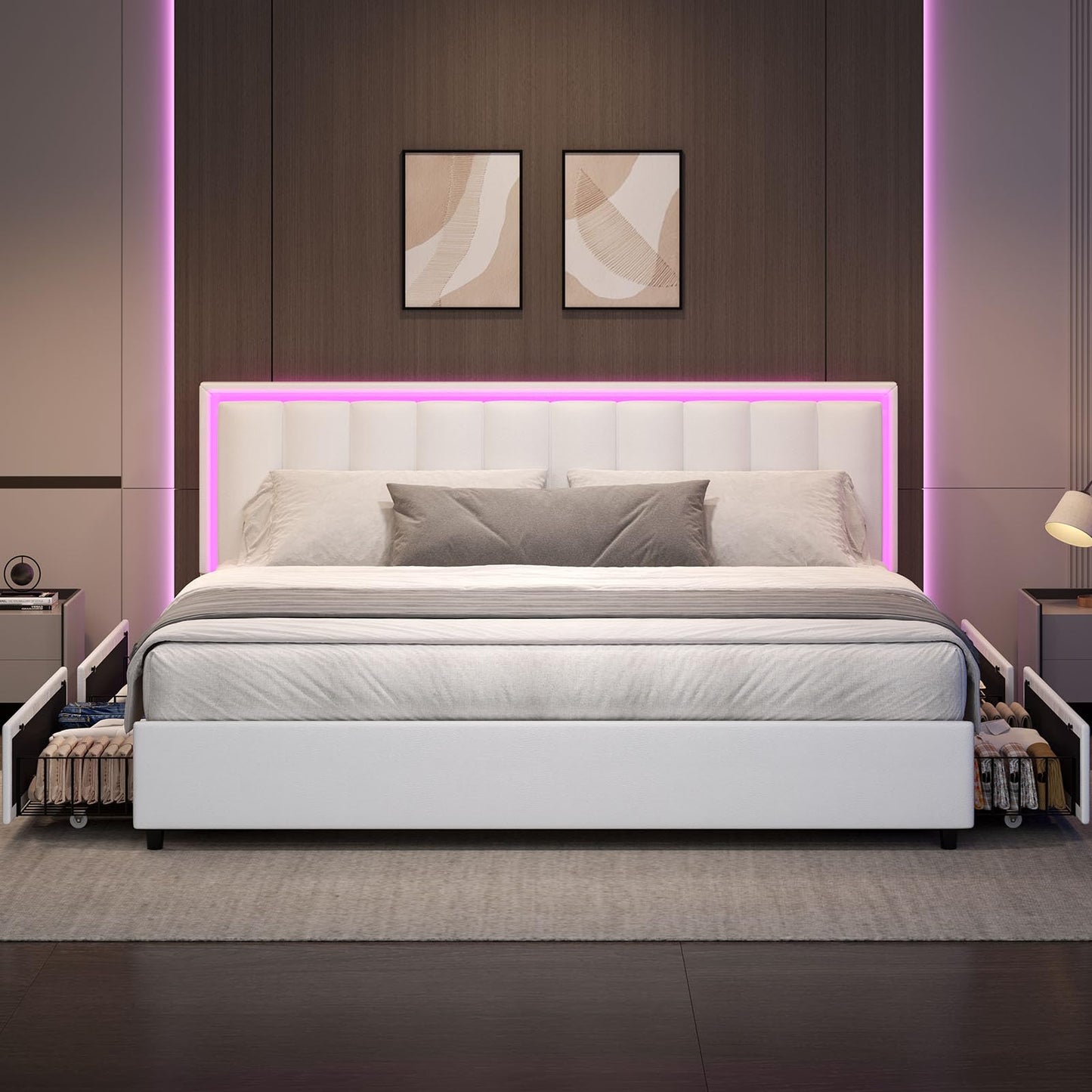 IMMERSTABLE King Bed Frames with 4 Drawers, Bed Frame King Size with LED Lights, Upholstered Bed Frame King Size and Headboard, No Box Spring Needed, Noise-Free, Easy Assembly, White