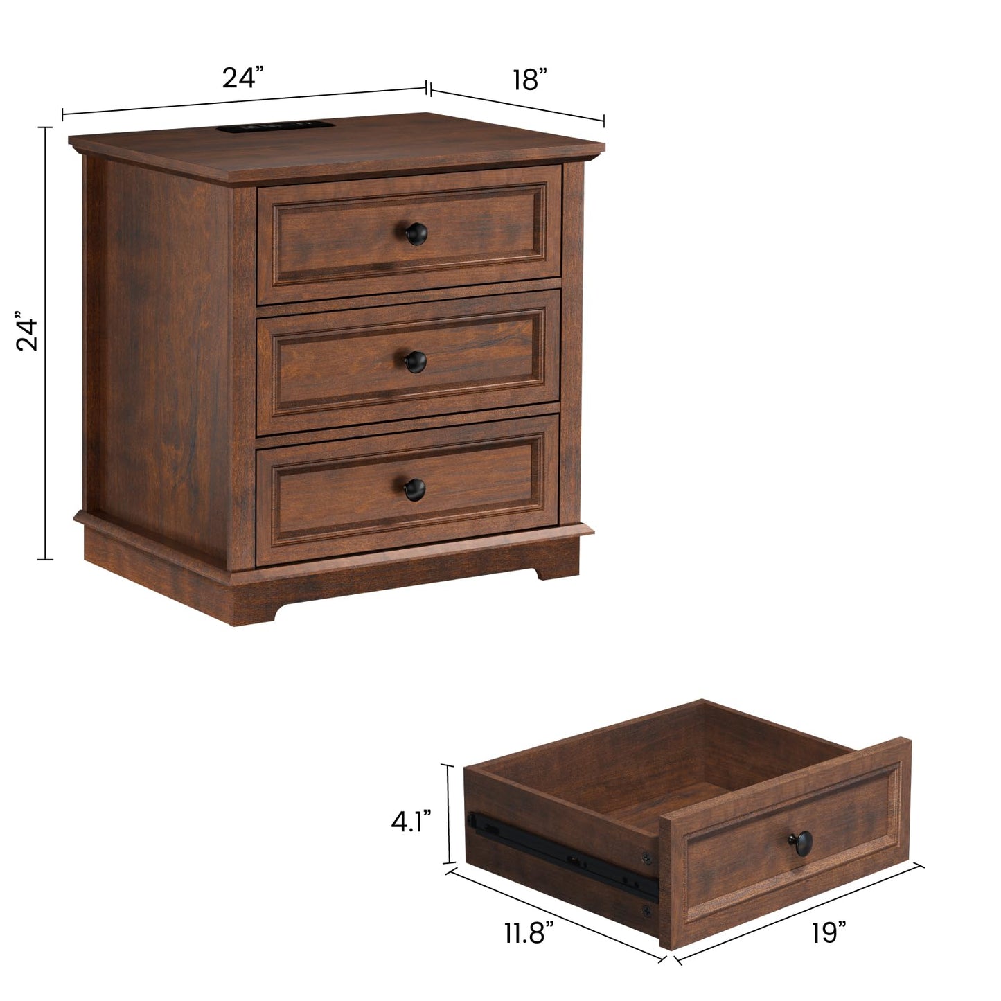 Nightstand with Charging Station, 24” Wide End Table with 3 Drawers, Modern Bedside Table with Storage, Wood Small Dresser for Bedroom Living Room. (Cherry)