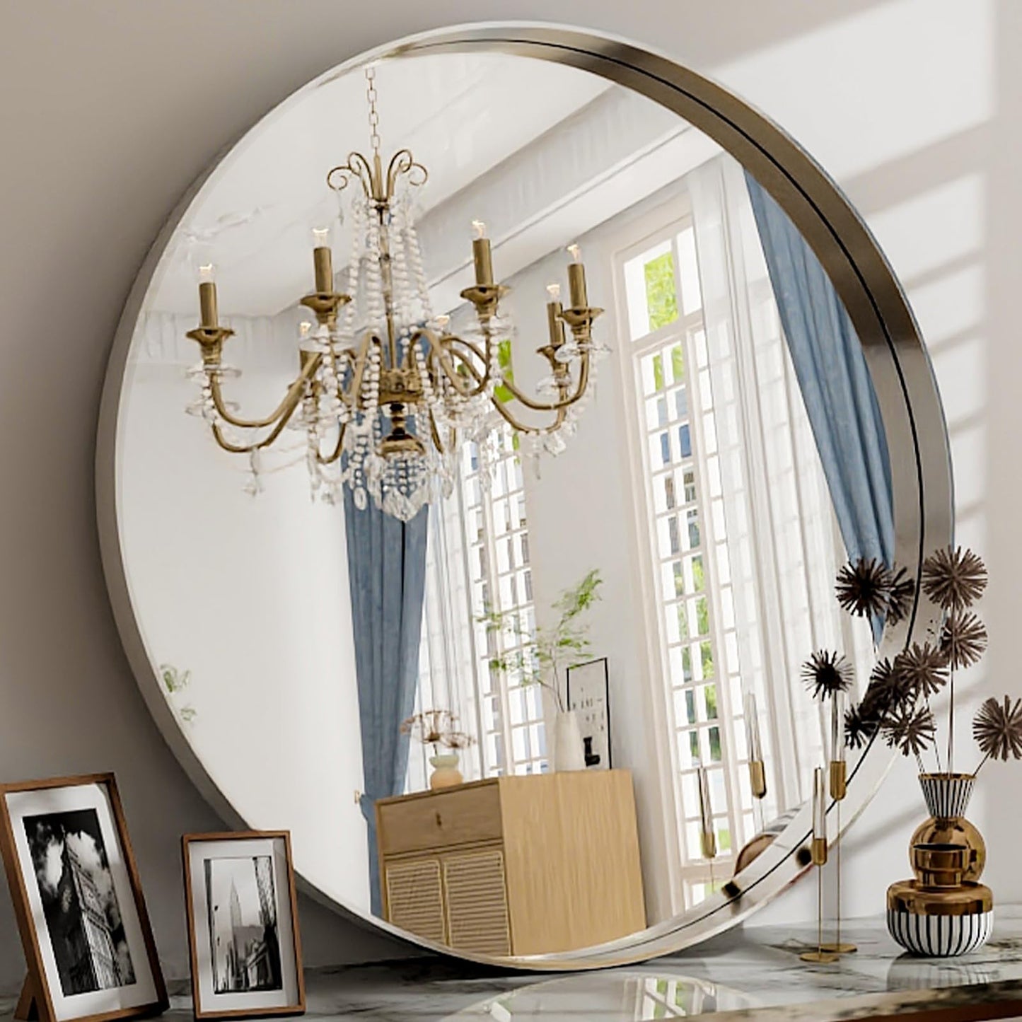 Easly 24 Inch Round Bathroom Mirror - Wall Mounted Circle Mirror with Metal Frame, Modern Mirror Suitable for Bathroom, Vanity, Entryway, Living Room, Wall Decor，Silver