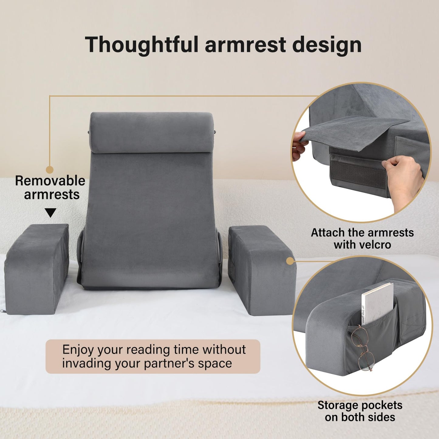 ENITYA Reading Pillow for Sitting in Bed Adult, 19" Back Pillow for Bed Sitting up, Backrest Cushion for Reclining/Reading/Gaming/Resting/Watching TV, Bedrest, Couch or Floor, Medium(Grey)
