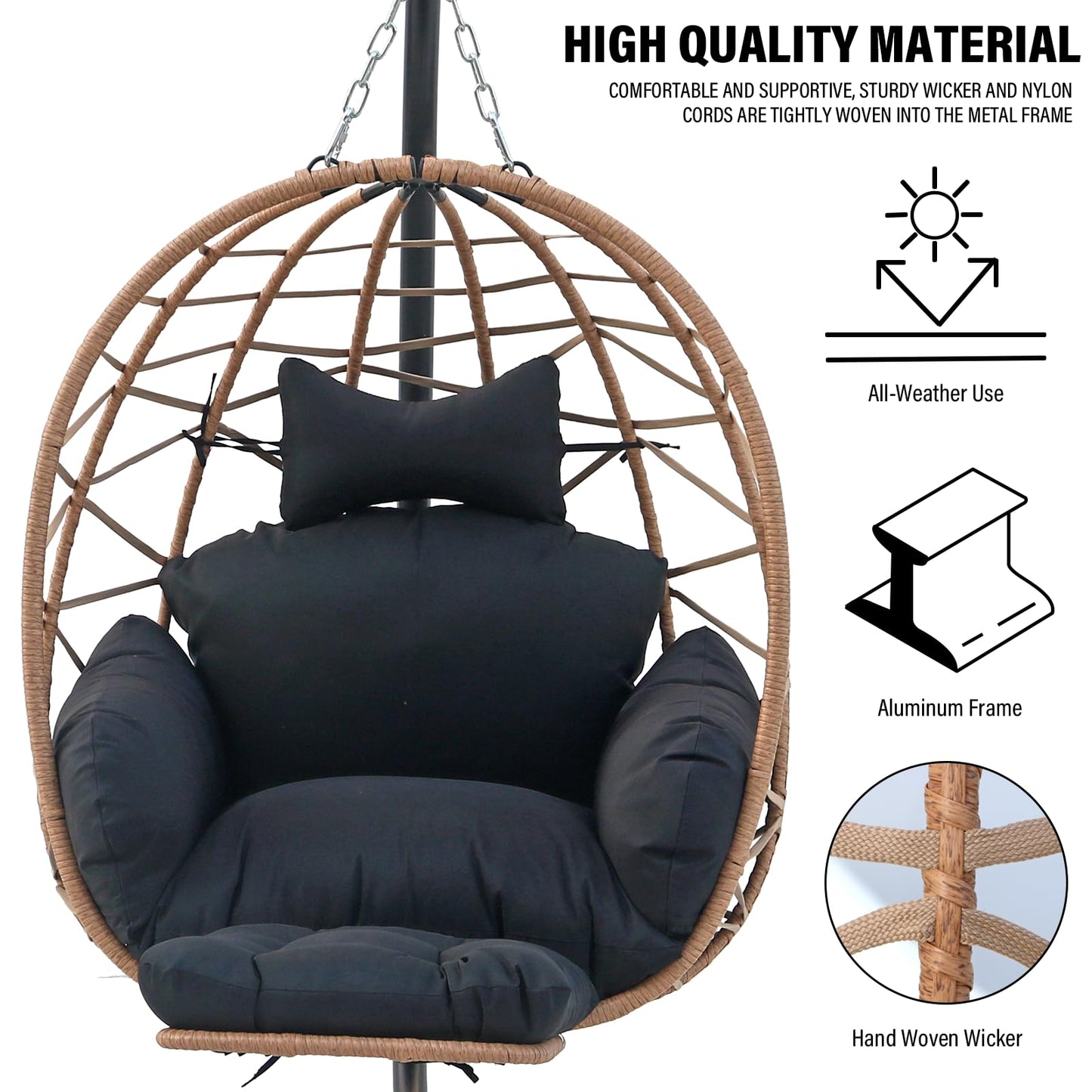 Hanging Egg Chair with Stand & Leg Rest,Rattan Wicker Swing Chair with Cushion, Patio Basket Hanging Chair Wicker Hammock Chair for Indoor Outdoor Bedroom Garden,300LBS (Yellow Rattan&Black Cushion)