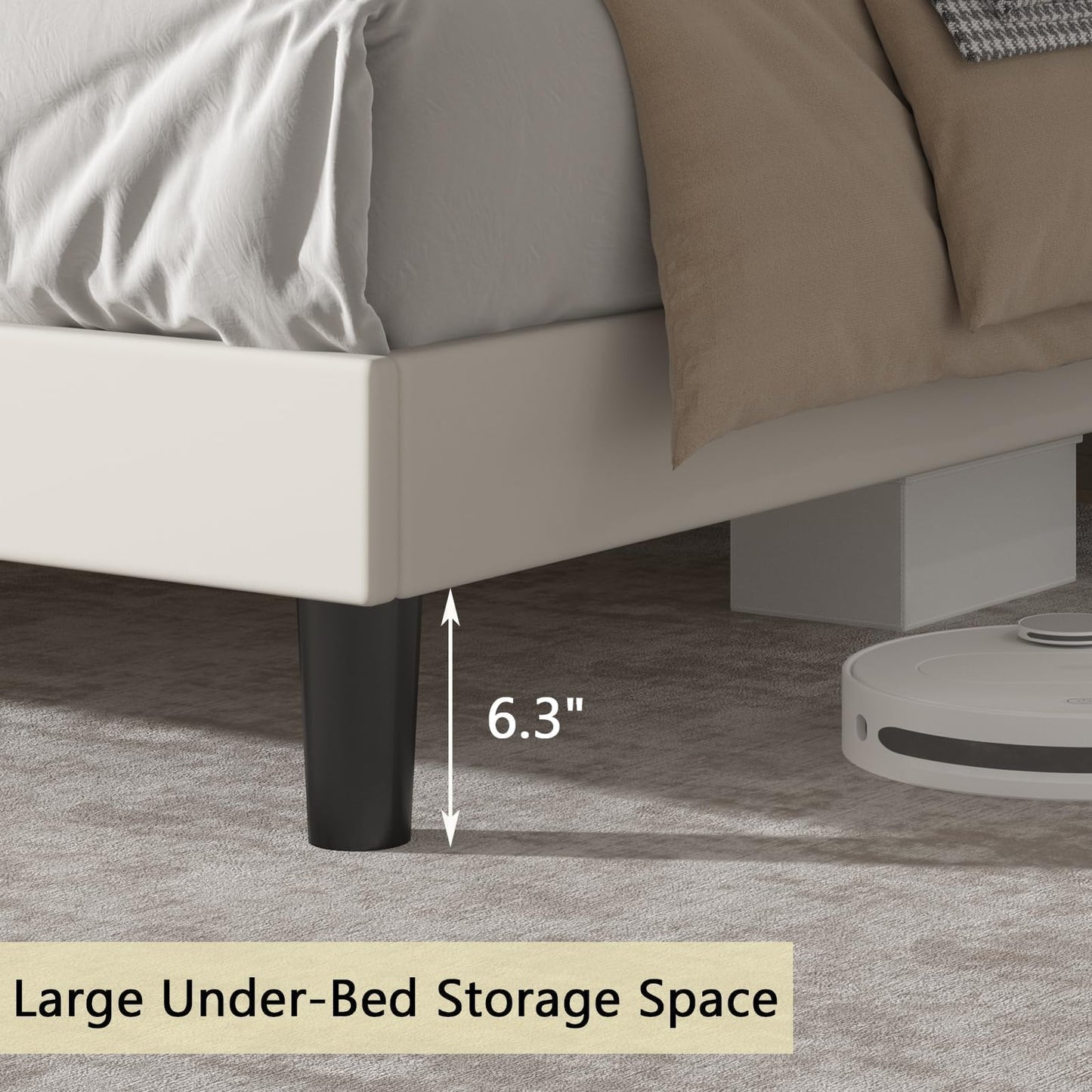 King Bed Frame with LED Lights, Velvet Upholstered Platform Bed with Storage Headboard and Charging Station, King Bed Frame with Diamond Design, Wood Slats Support, No Box Spring Needed, Beige
