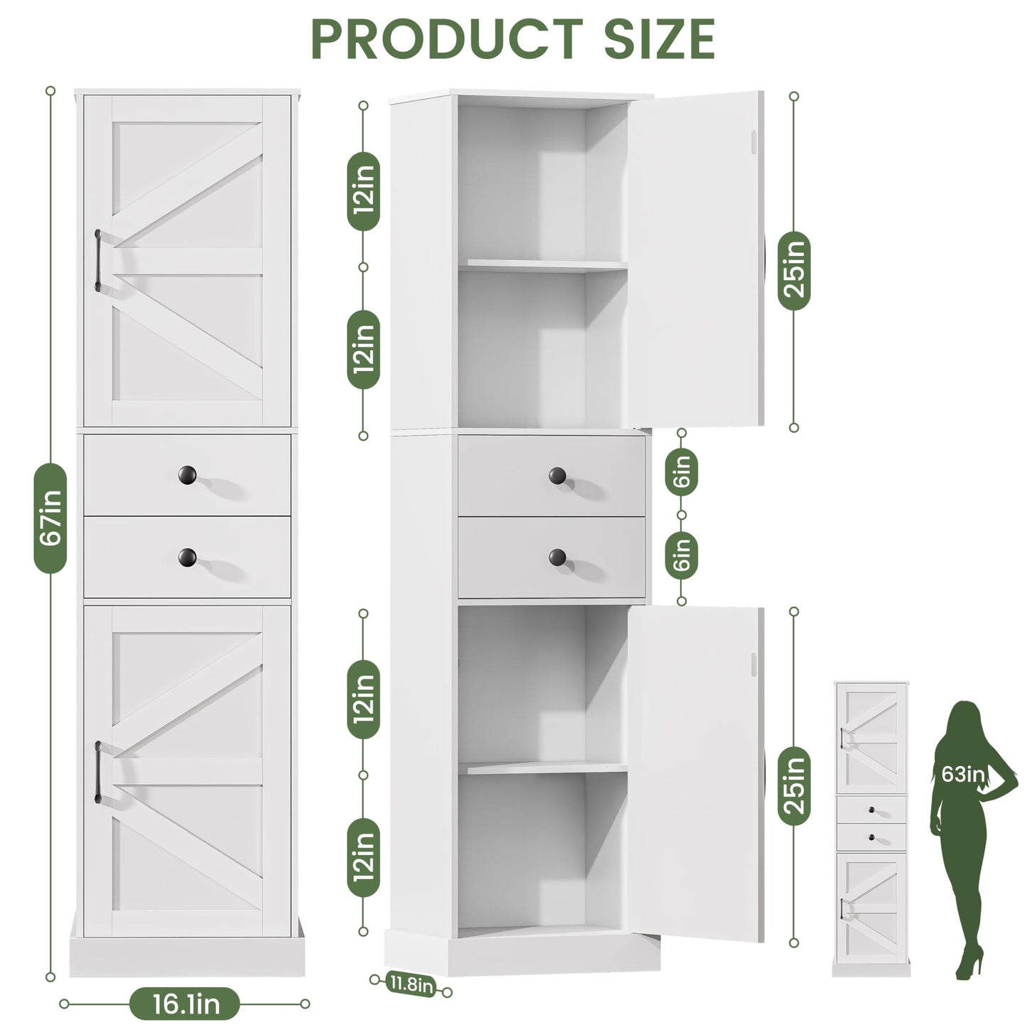 DDONGMM Tall Bathroom Storage Cabinet with 2 Drawers, Farmhouse Narrow Storage Unit with 2 Doors and Adjustable Shelves, 67" Tall Cabinet for Bathroom, Kitchen, Home Office (White, 1 Piece)