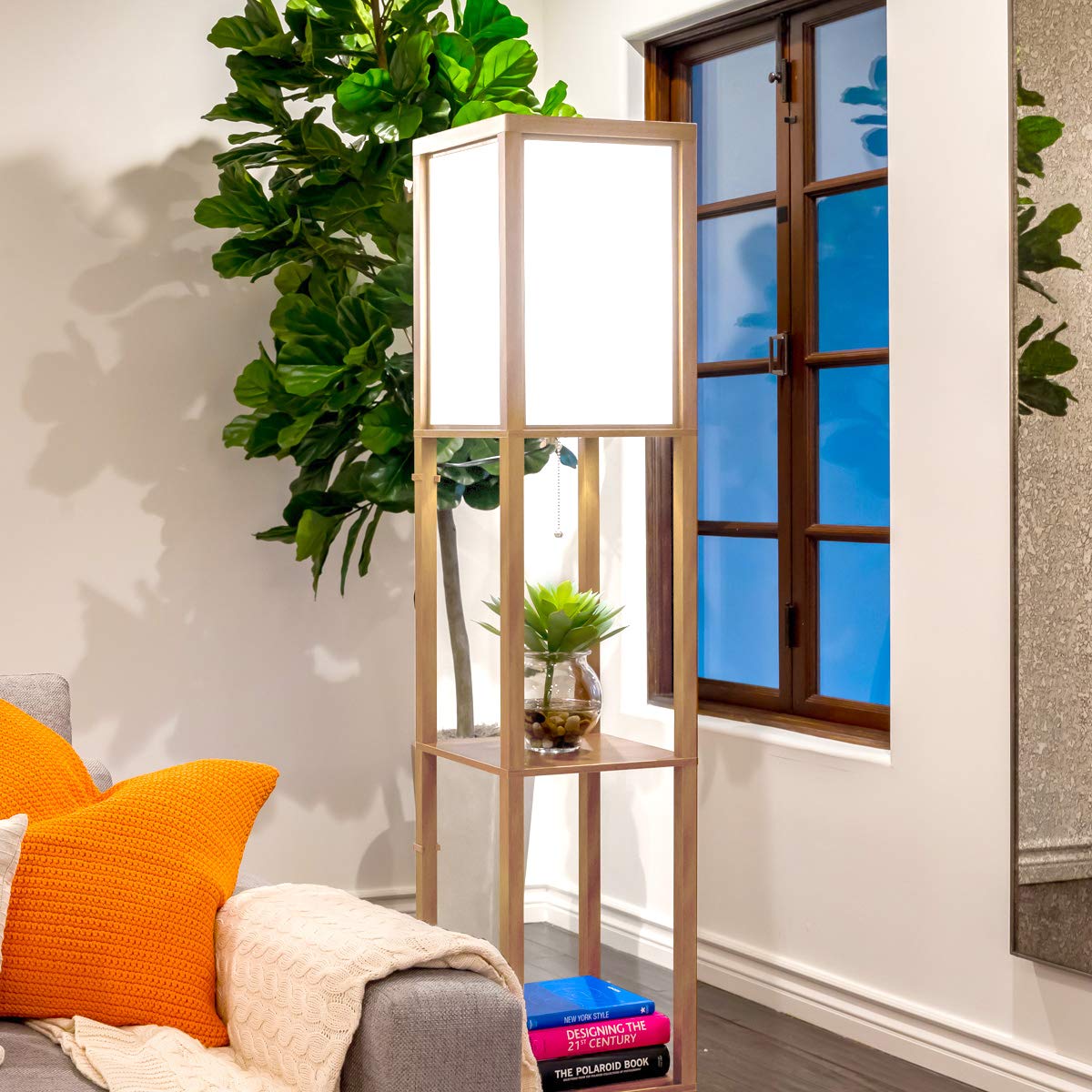 Brightech Maxwell - Modern Shelf Floor Lamp with Lamp Shade and LED Bulb - Corner Display Floor Lamps with Shelves for Living Room, Bedroom and Office - Natural Wood