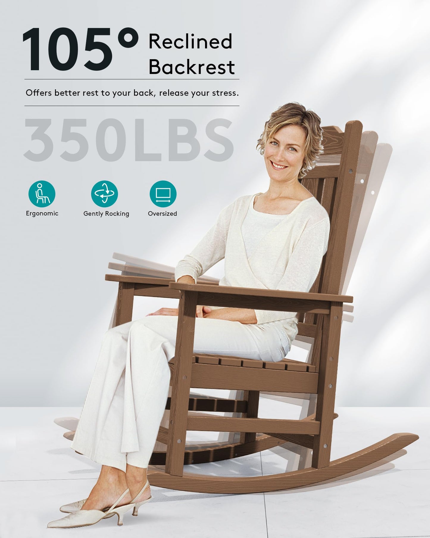 SERWALL Oversized Rocking Chair Outdoor, HDPE Outdoor Rocking Chair, Brown