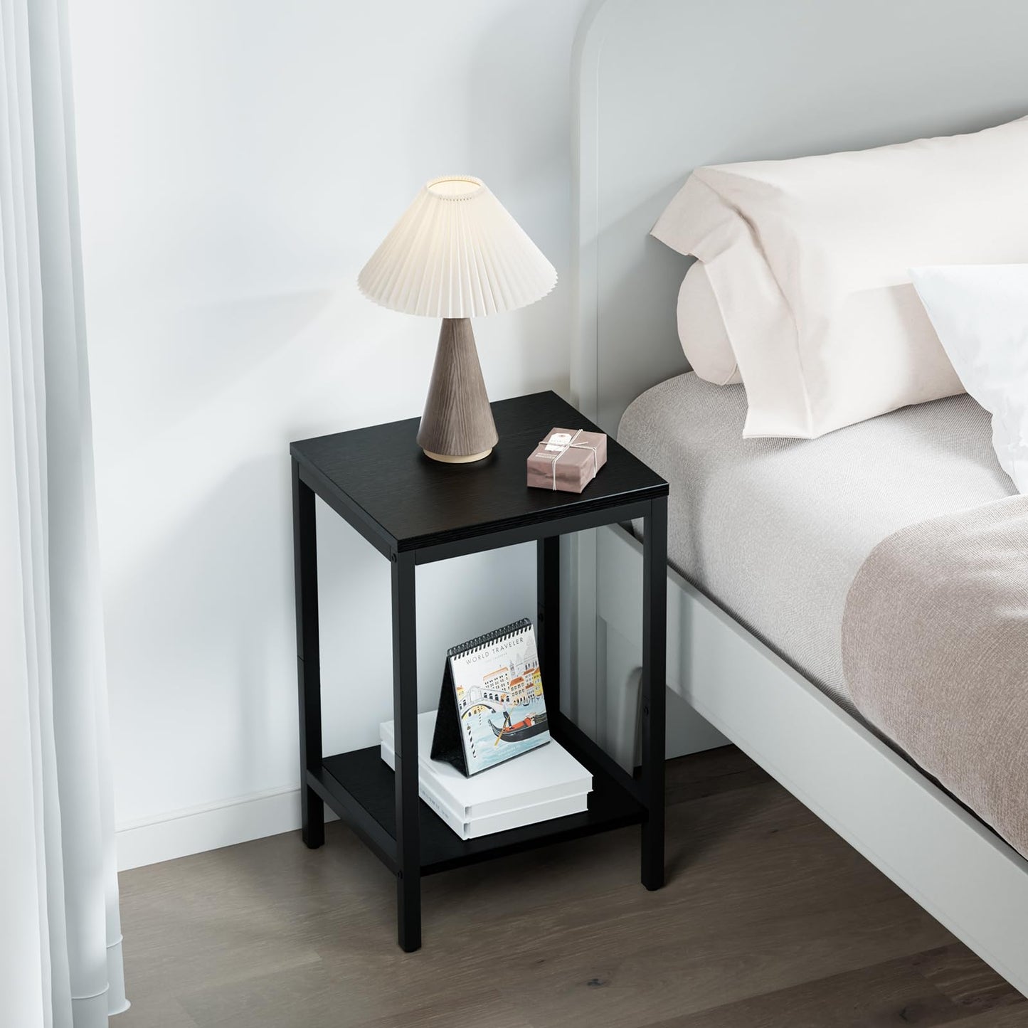 SAYGOER Black End Tables Small Side Table with Storage Wood Night Stand Metal Frames 2 Tier Bedside Table with Adjustable Feet, 1PCS, All Black