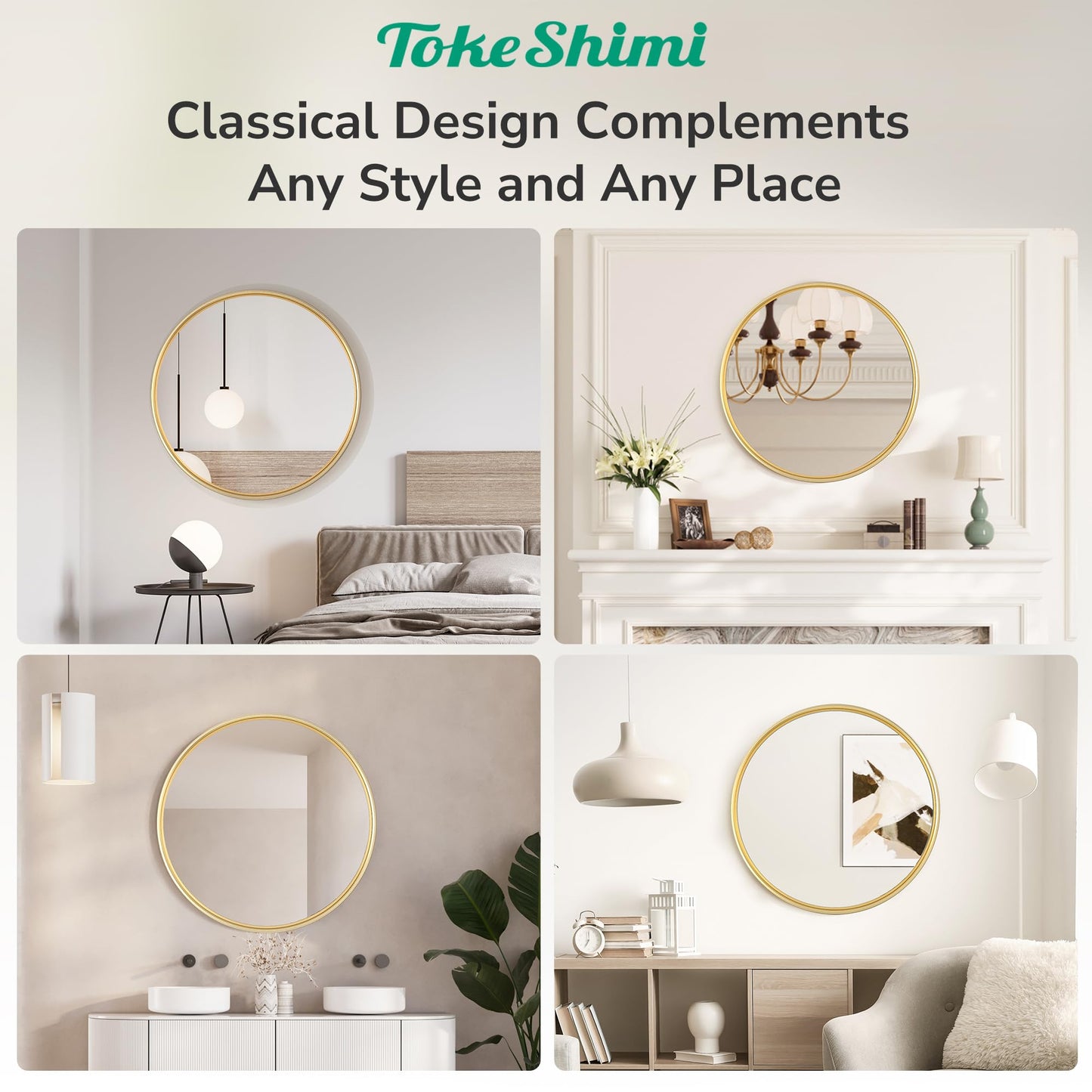TokeShimi 18 in Brushed Gold Wall Mirror Framed Round Bathroom Mirror for Over Sink Shatterproof, 18 x 18 Farmhouse Mirror Circle Metal Wall Mirrored for Living Room, Entryway, Bedroom, Vanity
